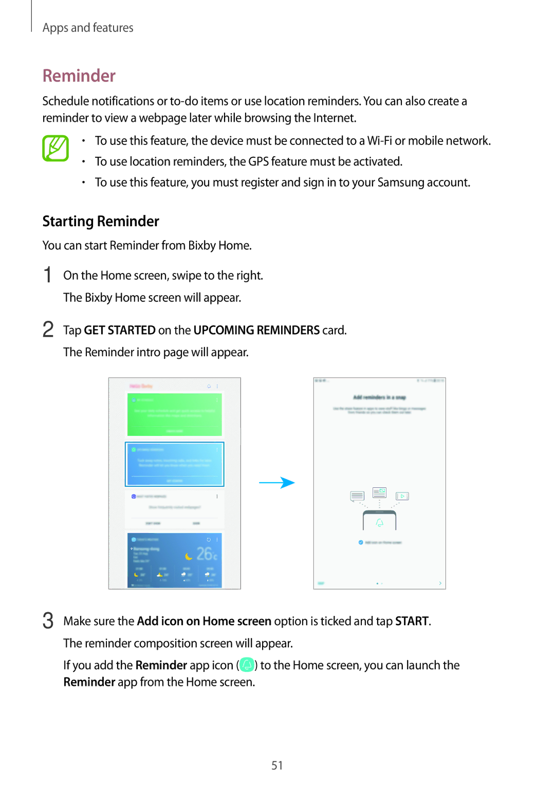 Samsung SM-T395NZKABGL, SM-T395NZKADBT manual Starting Reminder, Tap GET Started on the Upcoming Reminders card 