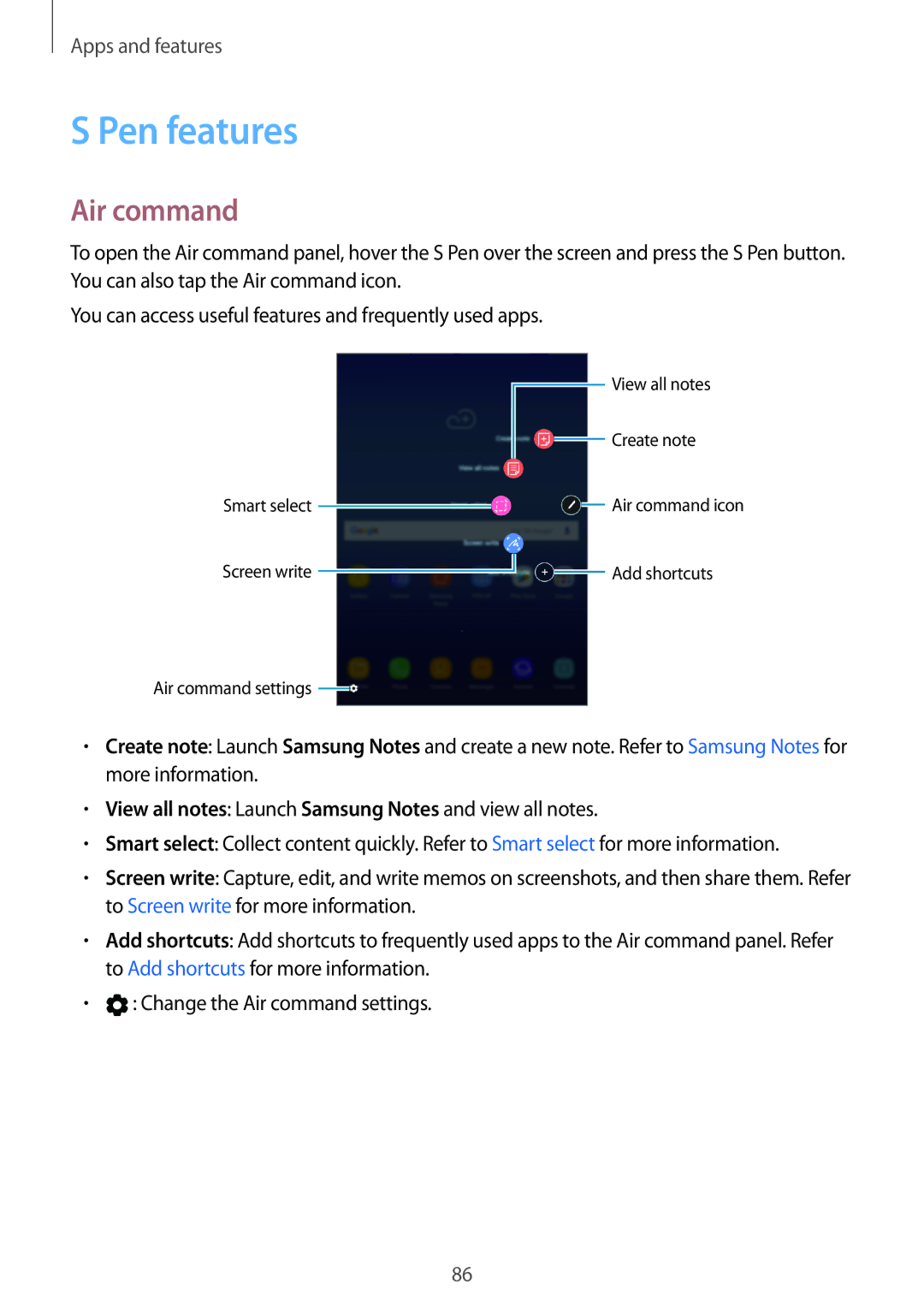 Samsung SM-T395NZKAILO, SM-T395NZKADBT Pen features, Air command, View all notes Launch Samsung Notes and view all notes 