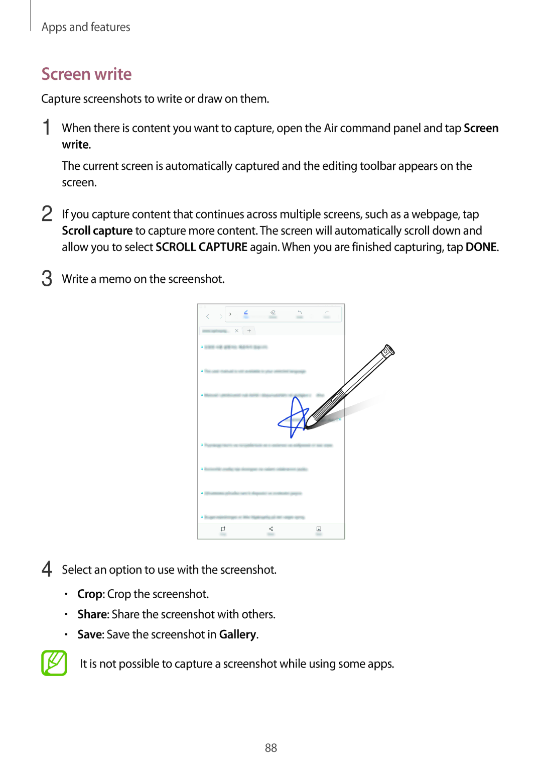 Samsung SM-T395NZKAXEH Screen write, Capture screenshots to write or draw on them, Write a memo on the screenshot 