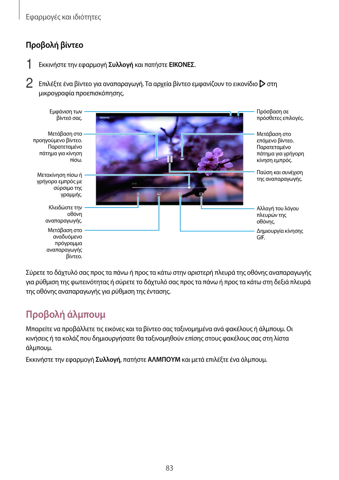 Samsung SM-T395NZKAEUR manual Προβολή άλμπουμ, Προβολή βίντεο 