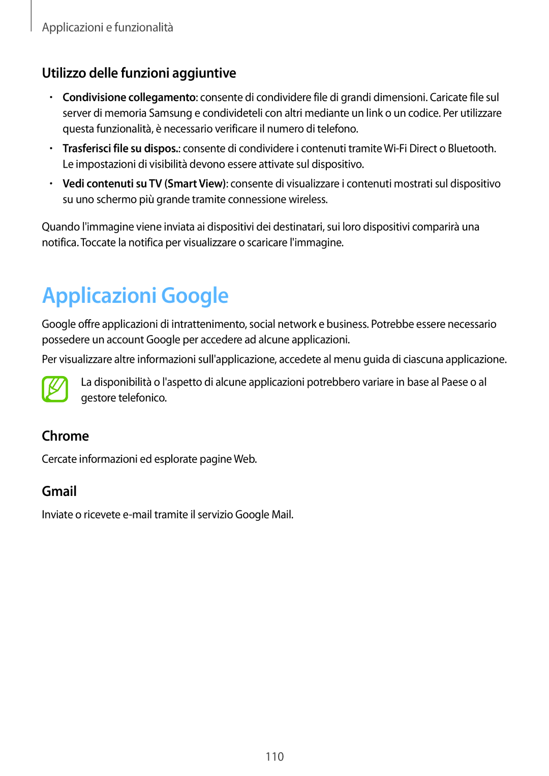 Samsung SM-T395NZKAITV manual Applicazioni Google, Utilizzo delle funzioni aggiuntive, Chrome, Gmail 