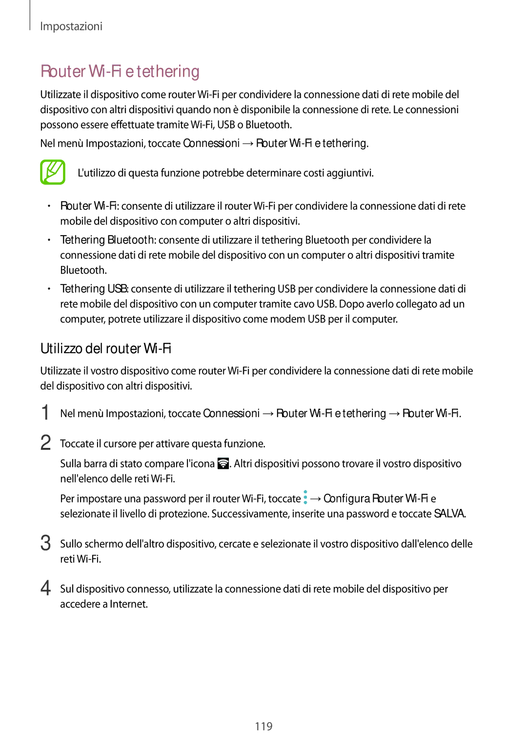 Samsung SM-T395NZKAITV manual Router Wi-Fi e tethering, Utilizzo del router Wi-Fi 