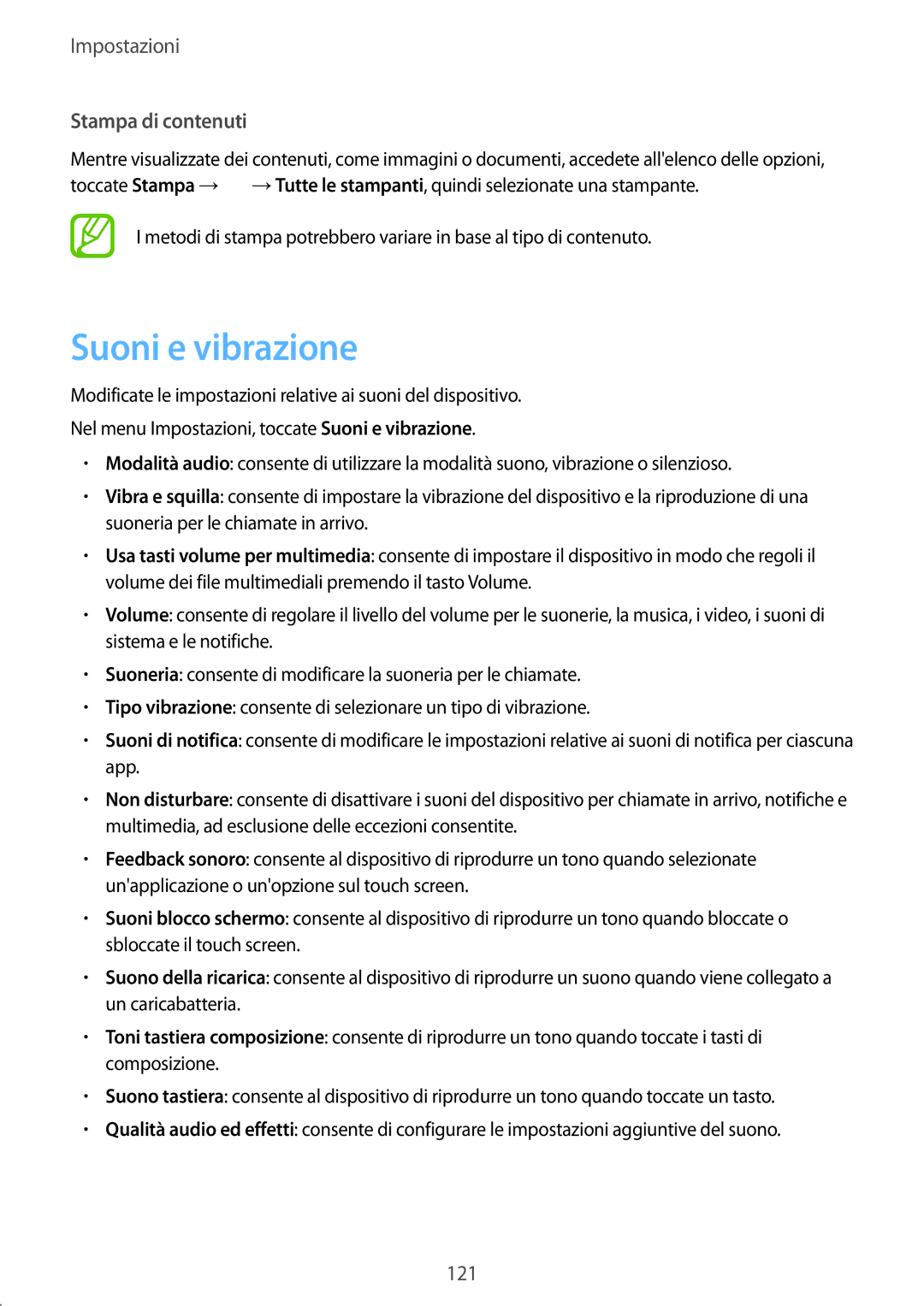 Samsung SM-T395NZKAITV manual Suoni e vibrazione, Stampa di contenuti 