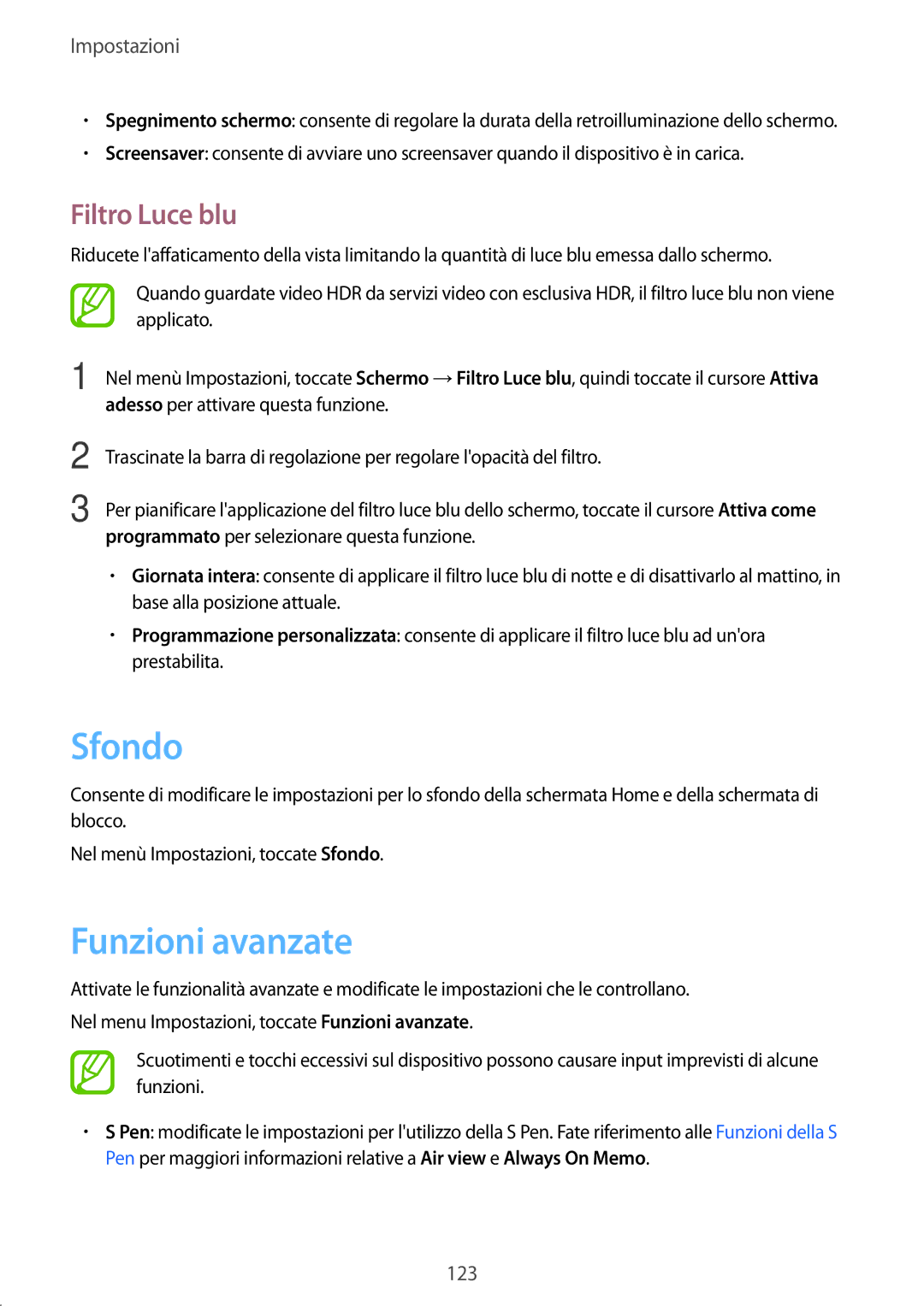 Samsung SM-T395NZKAITV manual Sfondo, Funzioni avanzate, Filtro Luce blu 