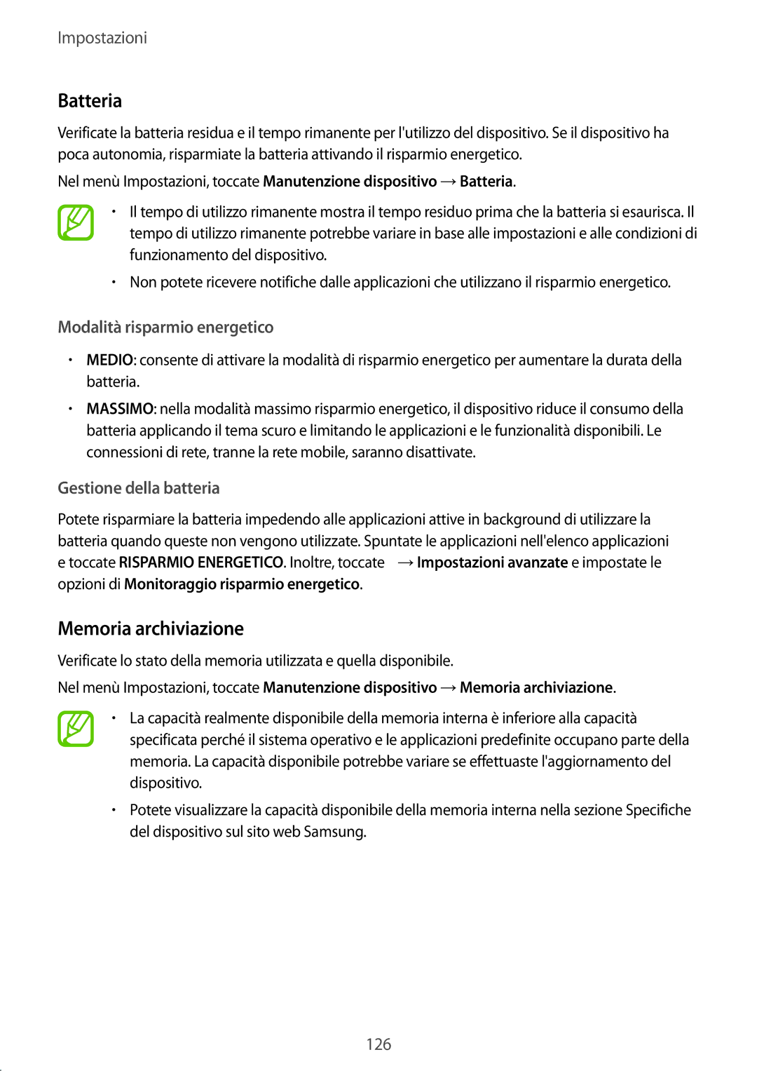 Samsung SM-T395NZKAITV manual Batteria, Memoria archiviazione, Modalità risparmio energetico, Gestione della batteria 