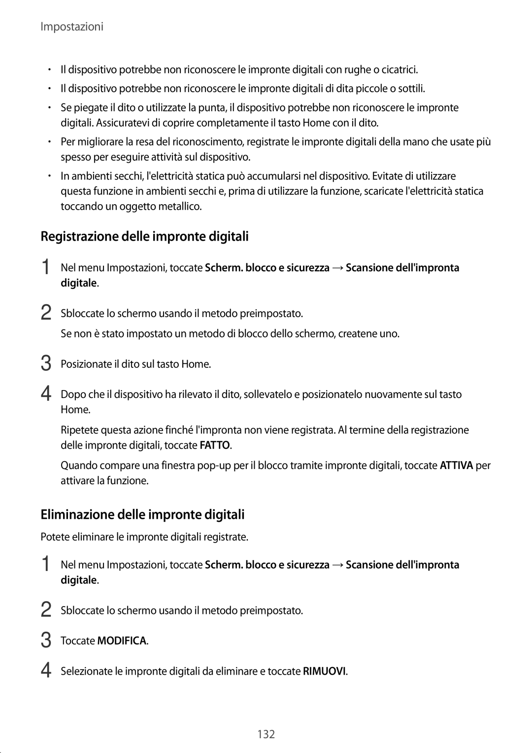 Samsung SM-T395NZKAITV manual Registrazione delle impronte digitali, Eliminazione delle impronte digitali, Digitale 