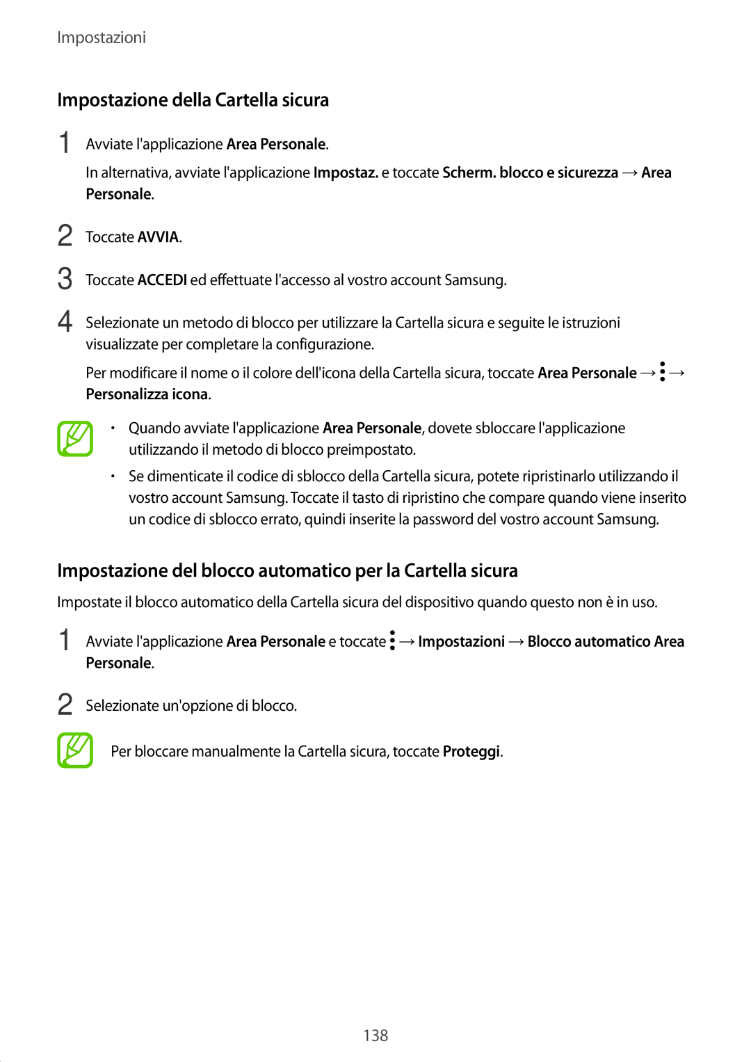 Samsung SM-T395NZKAITV manual Impostazione della Cartella sicura, Impostazione del blocco automatico per la Cartella sicura 