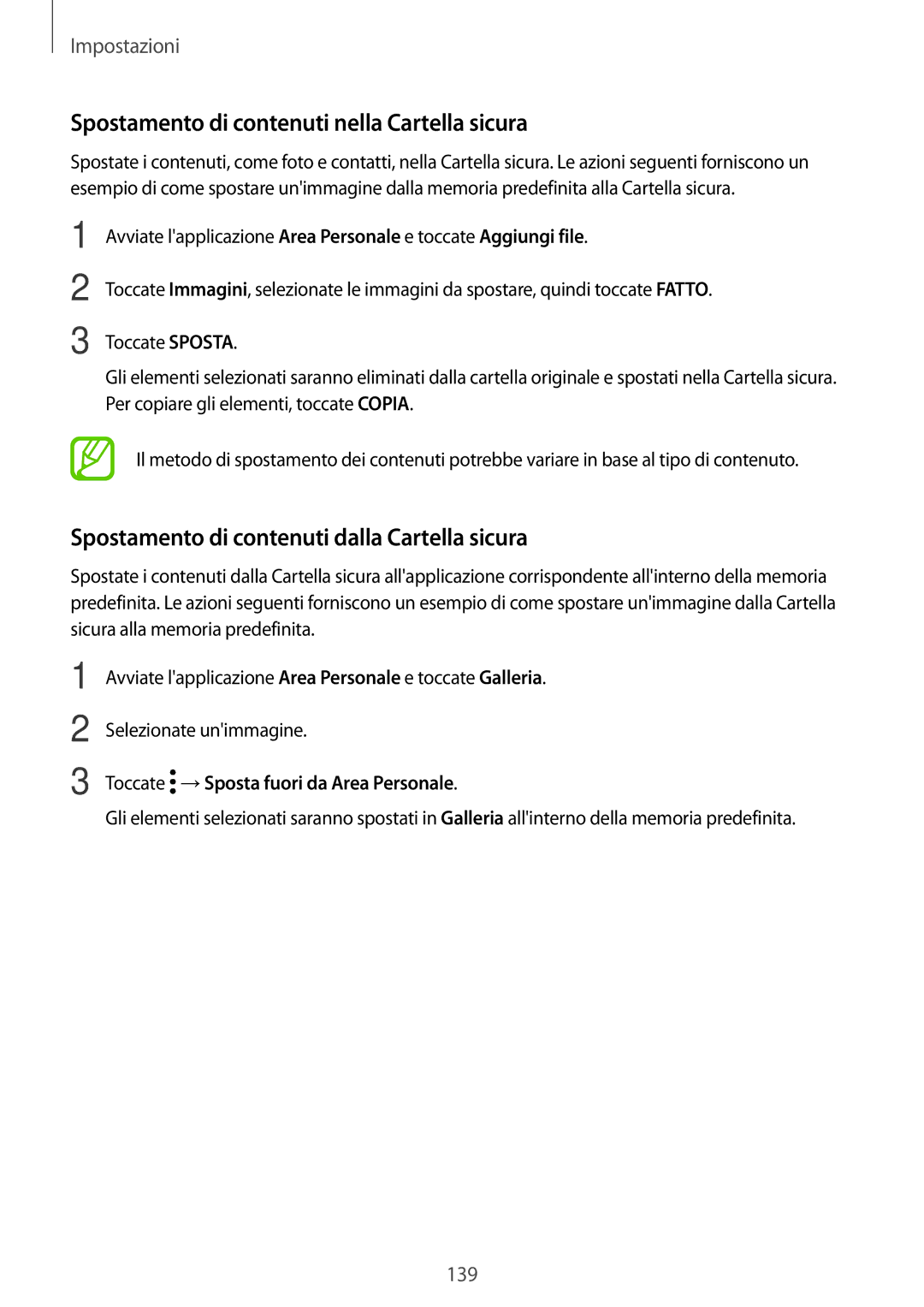 Samsung SM-T395NZKAITV Spostamento di contenuti nella Cartella sicura, Spostamento di contenuti dalla Cartella sicura 