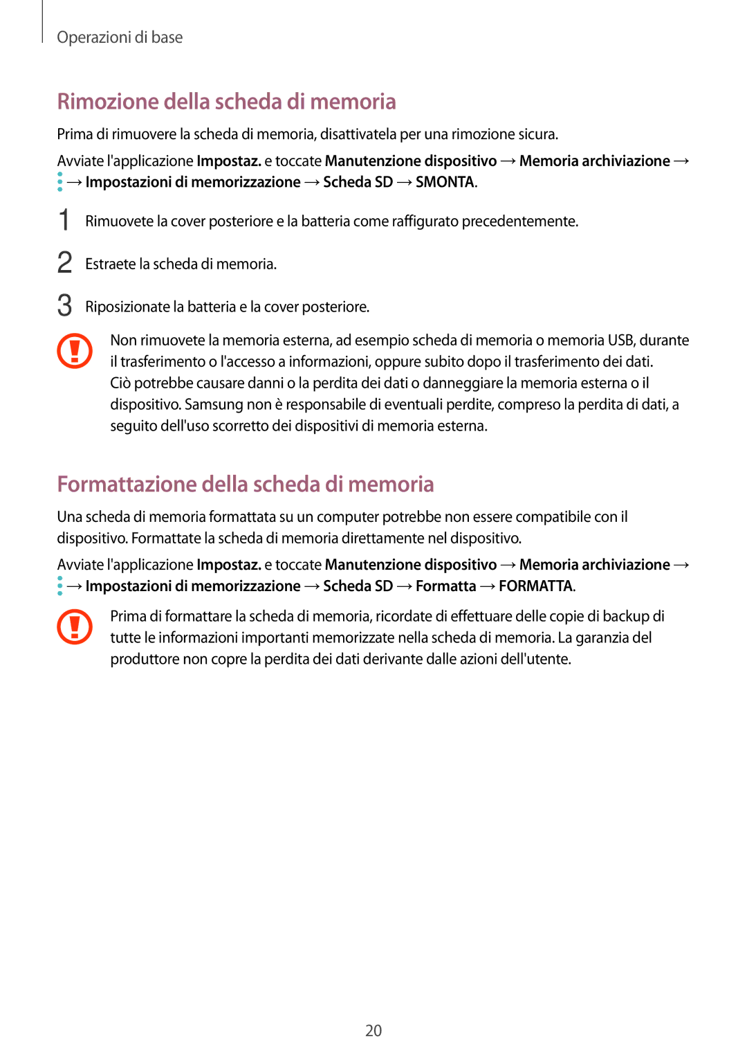 Samsung SM-T395NZKAITV manual Rimozione della scheda di memoria, Formattazione della scheda di memoria 