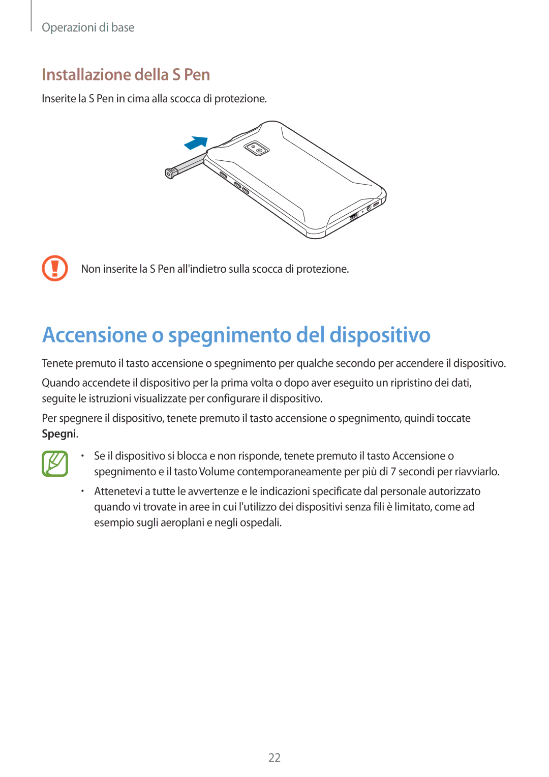 Samsung SM-T395NZKAITV manual Accensione o spegnimento del dispositivo, Installazione della S Pen 