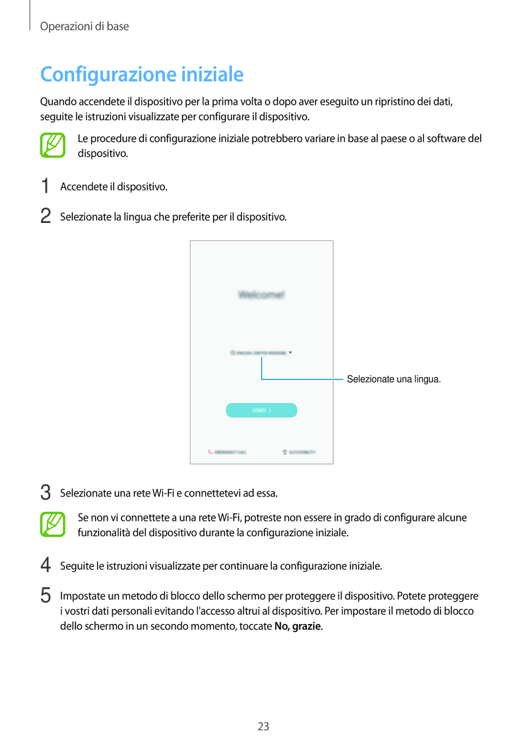 Samsung SM-T395NZKAITV manual Configurazione iniziale 