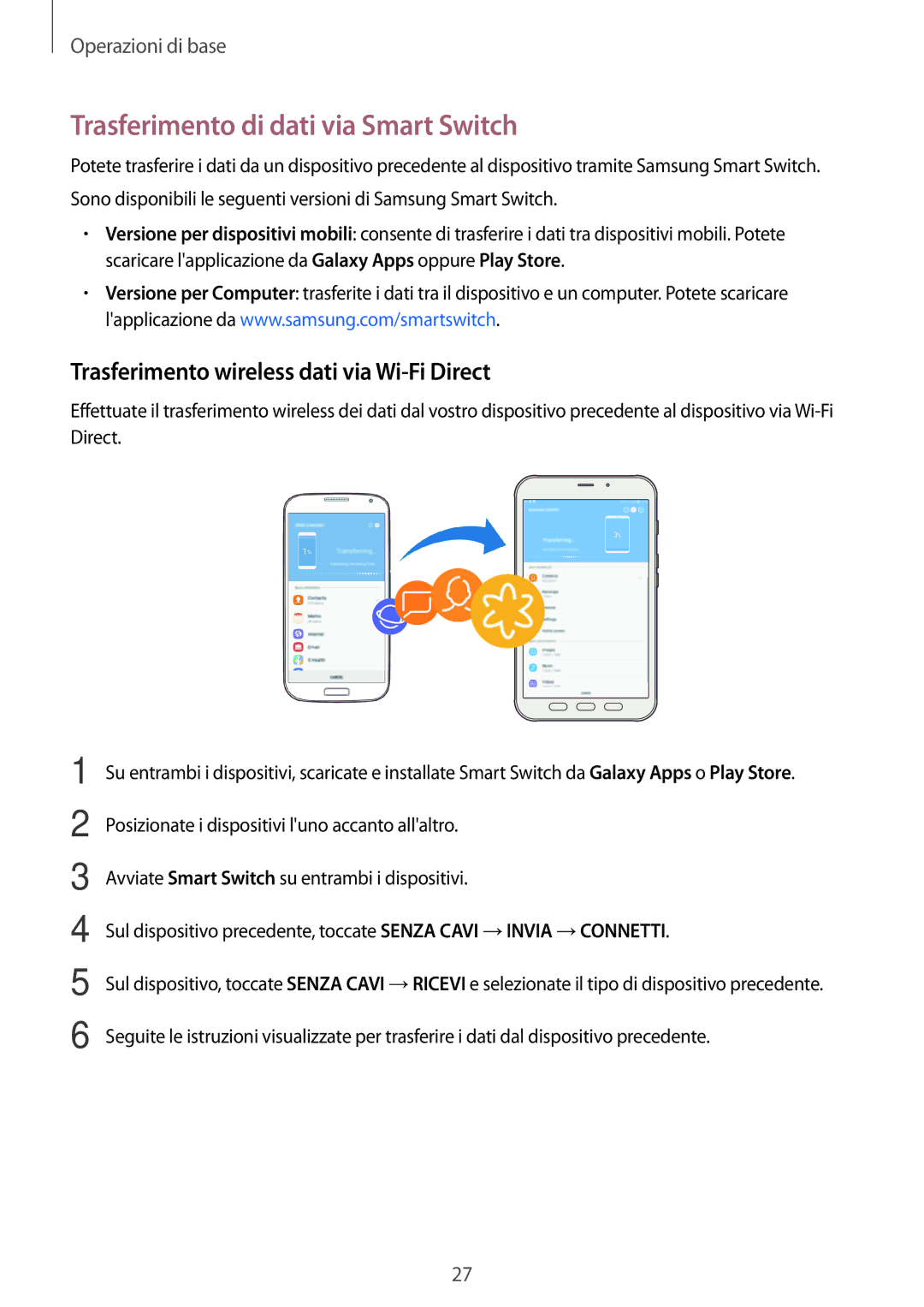 Samsung SM-T395NZKAITV manual Trasferimento di dati via Smart Switch, Trasferimento wireless dati via Wi-Fi Direct 