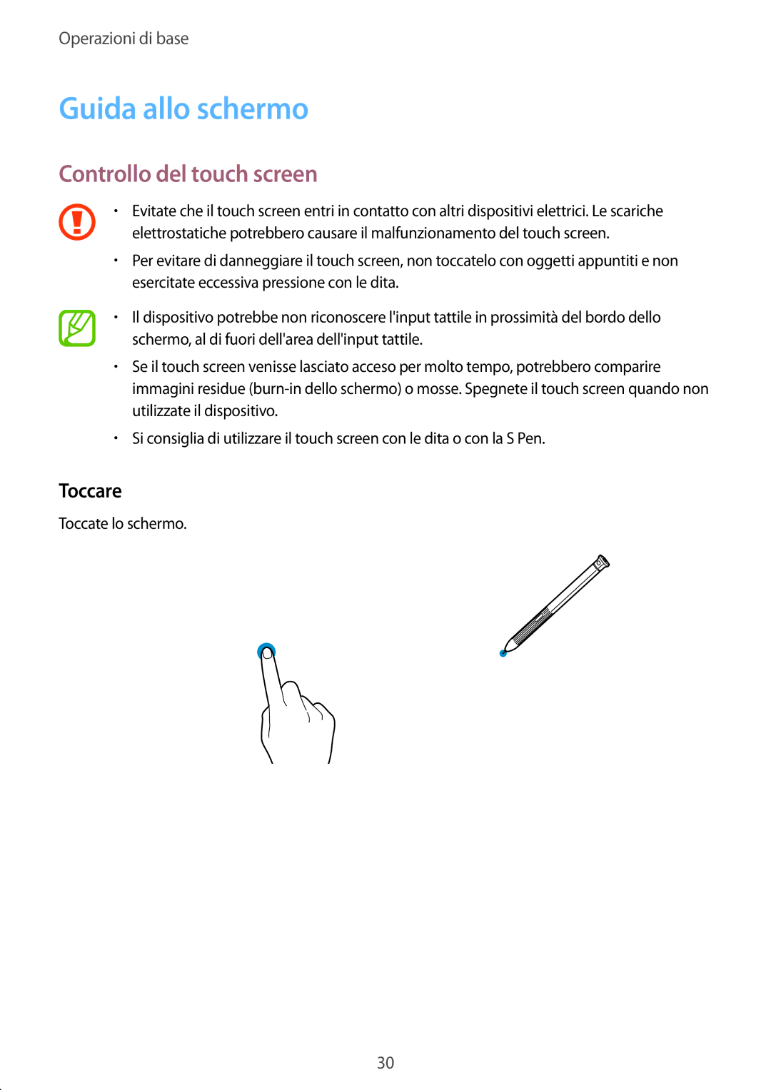 Samsung SM-T395NZKAITV manual Guida allo schermo, Controllo del touch screen, Toccare 