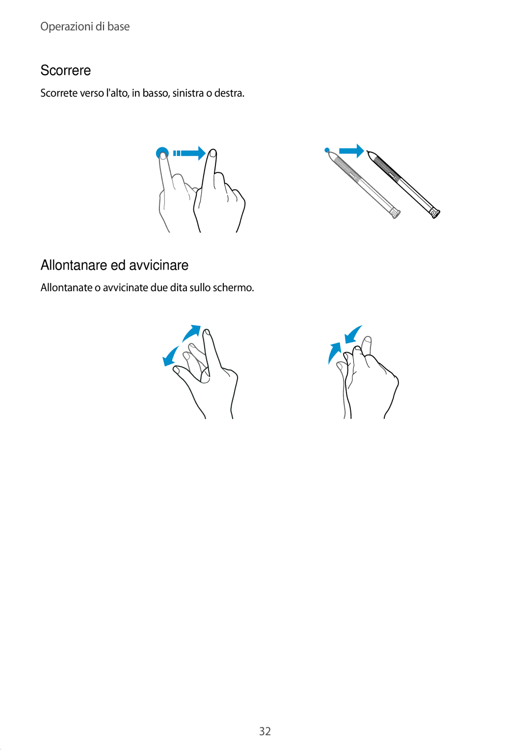 Samsung SM-T395NZKAITV manual Scorrere, Allontanare ed avvicinare 