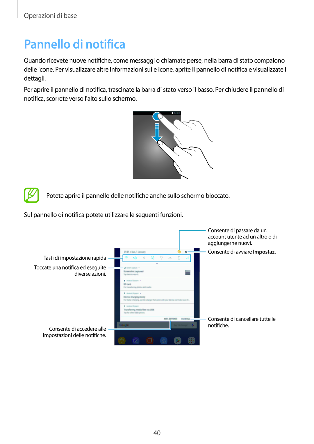 Samsung SM-T395NZKAITV manual Pannello di notifica, Tasti di impostazione rapida 