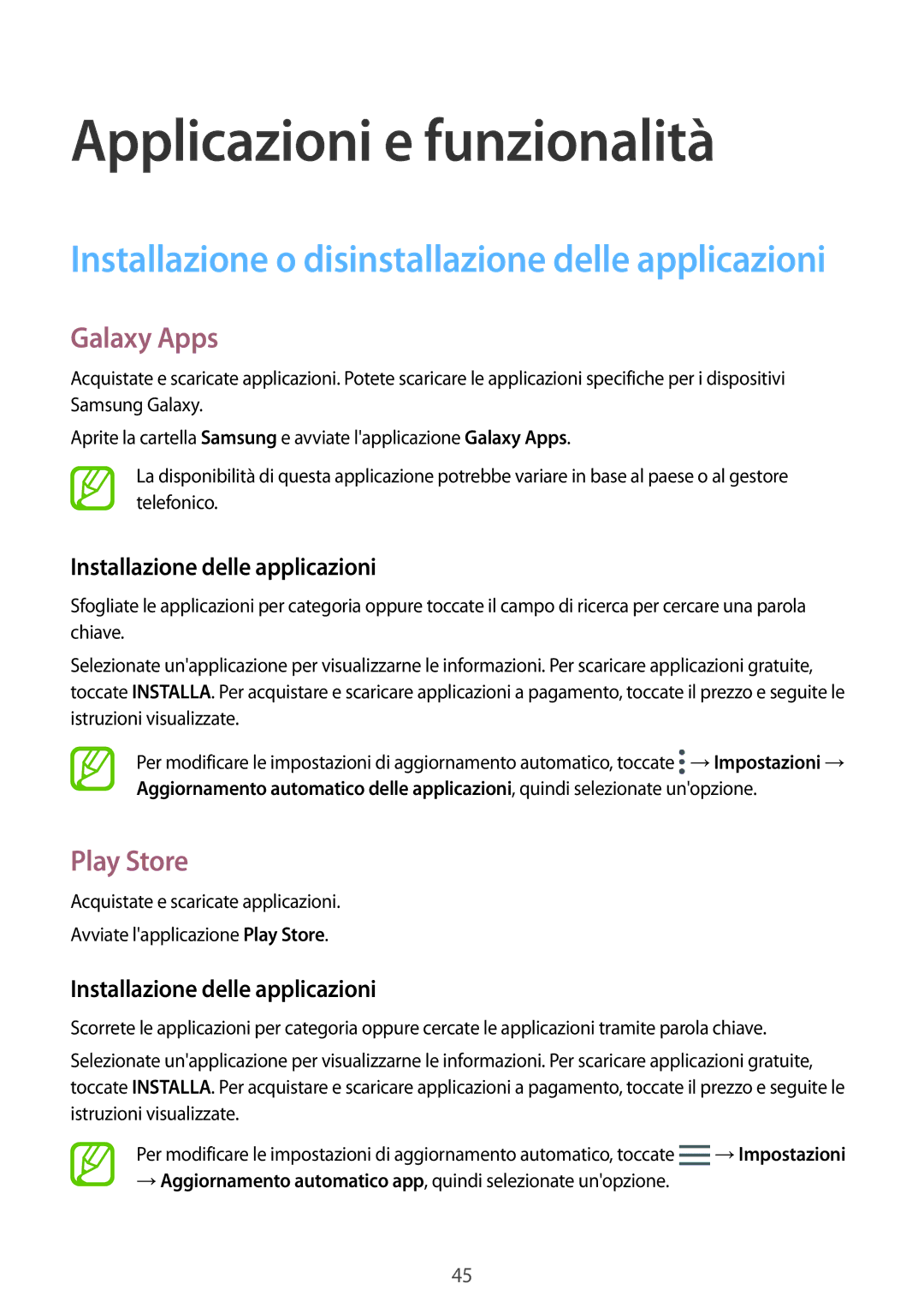 Samsung SM-T395NZKAITV manual Galaxy Apps, Play Store, Installazione delle applicazioni 