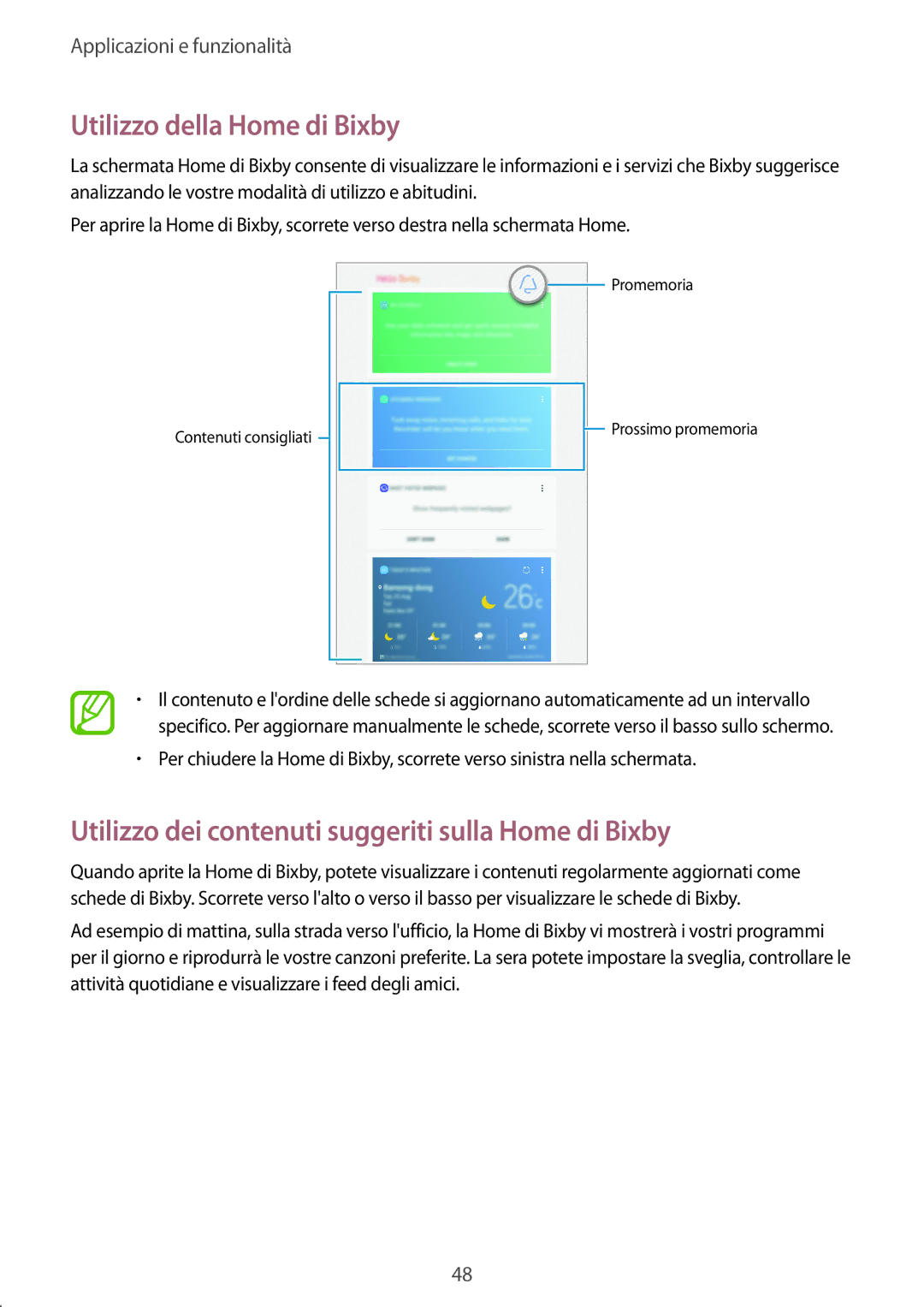 Samsung SM-T395NZKAITV manual Utilizzo della Home di Bixby, Utilizzo dei contenuti suggeriti sulla Home di Bixby 