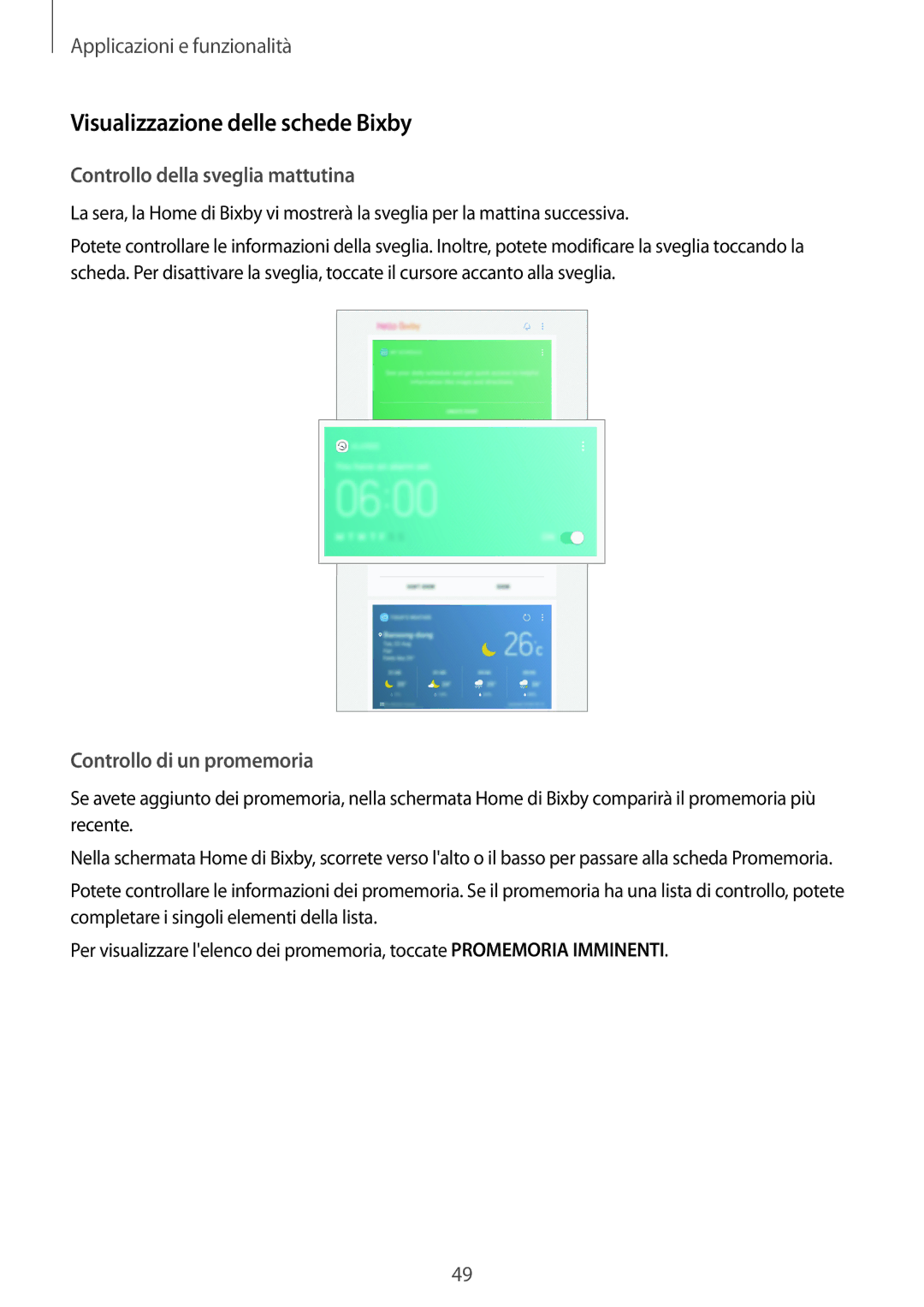 Samsung SM-T395NZKAITV Visualizzazione delle schede Bixby, Controllo della sveglia mattutina, Controllo di un promemoria 