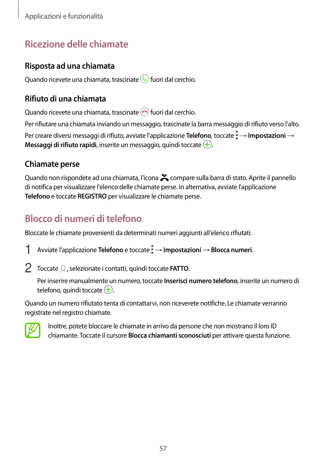 Samsung SM-T395NZKAITV Ricezione delle chiamate, Blocco di numeri di telefono, Risposta ad una chiamata, Chiamate perse 