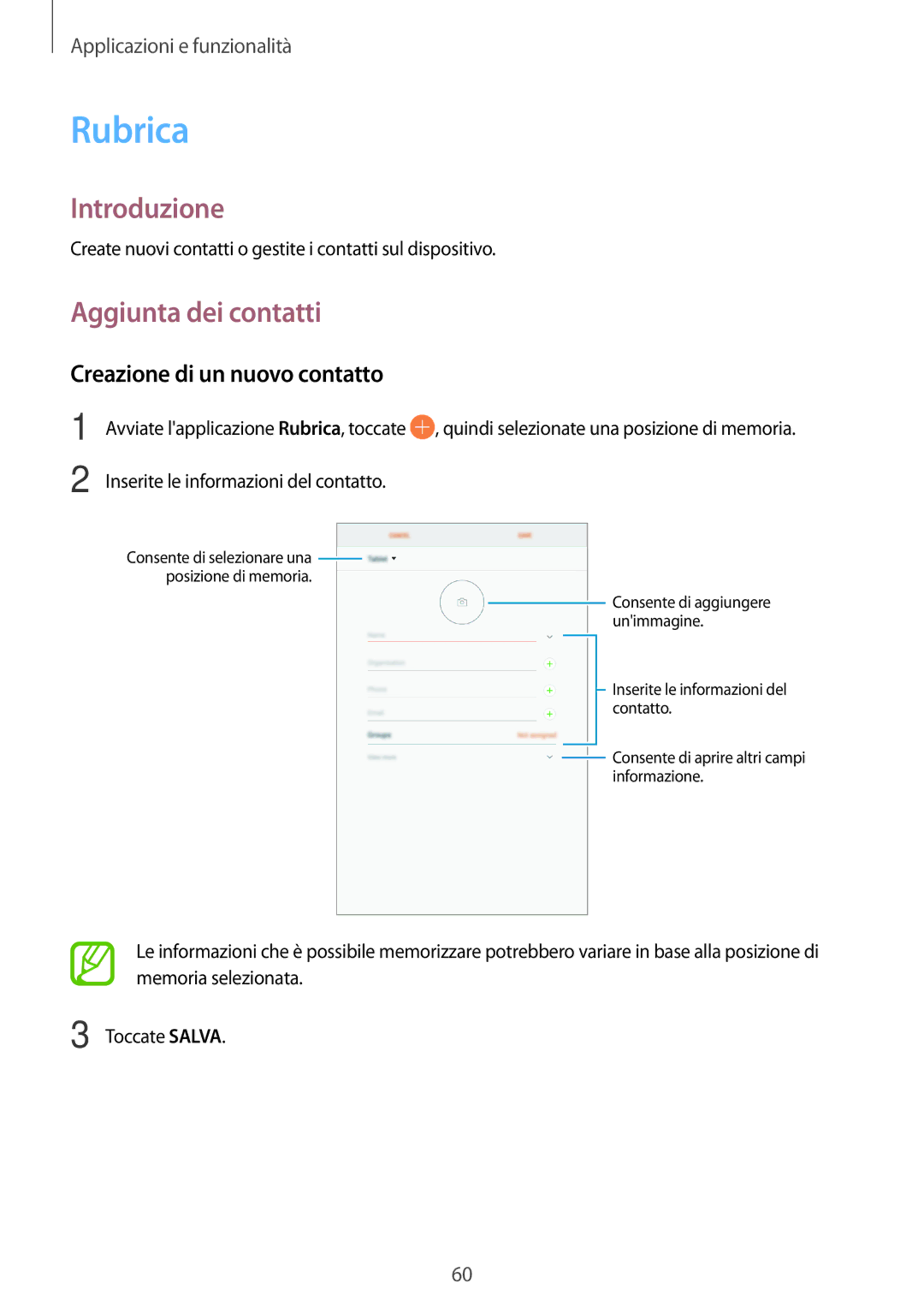 Samsung SM-T395NZKAITV manual Rubrica, Aggiunta dei contatti, Creazione di un nuovo contatto 