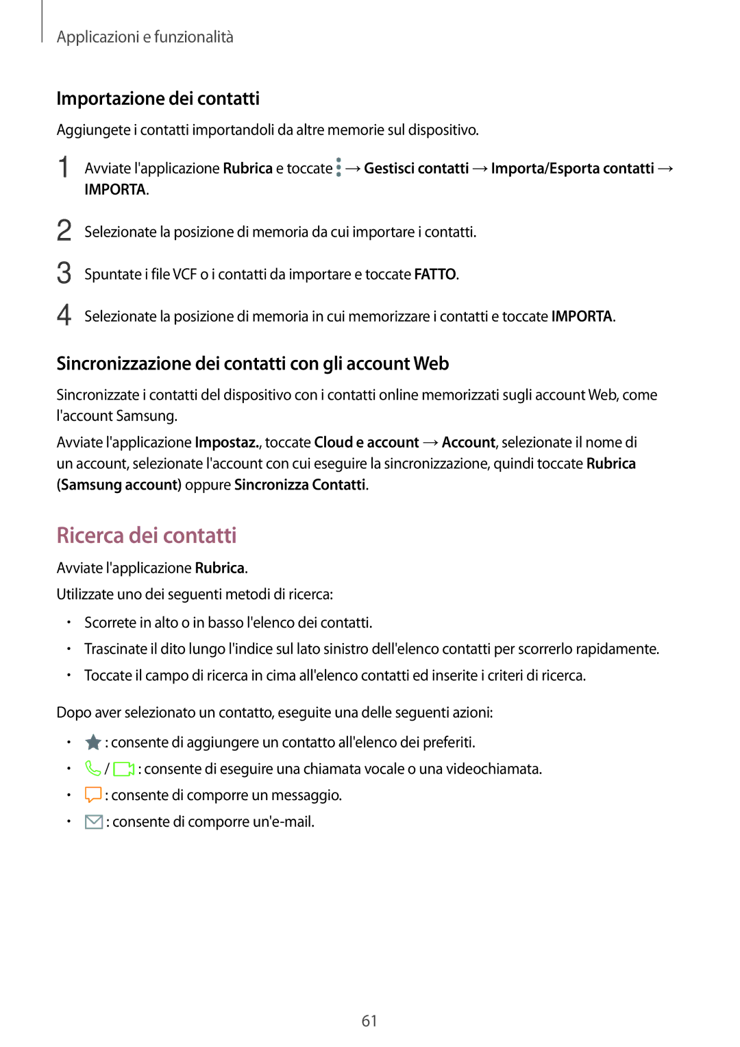 Samsung SM-T395NZKAITV manual Importazione dei contatti 