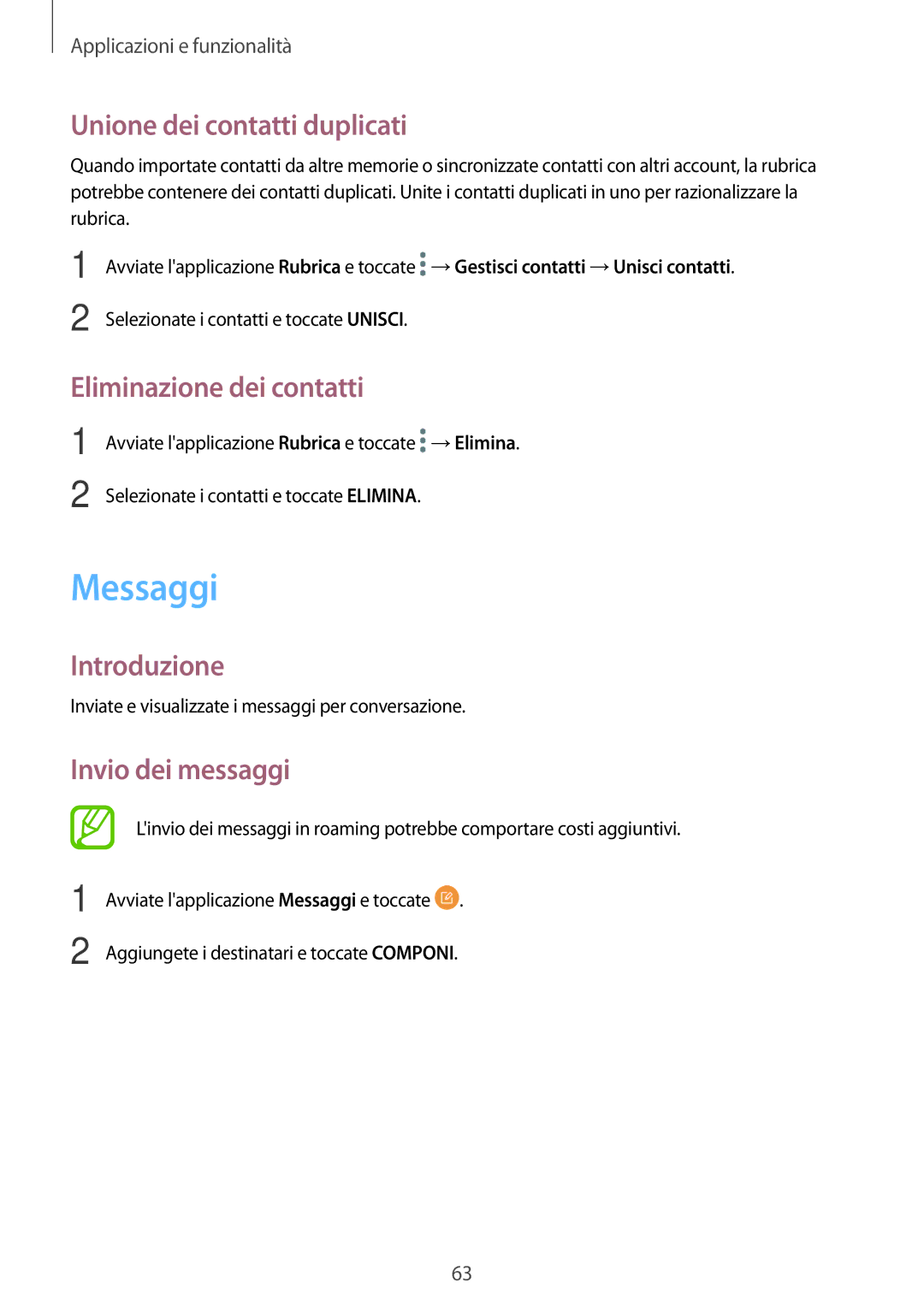 Samsung SM-T395NZKAITV manual Messaggi, Unione dei contatti duplicati, Eliminazione dei contatti, Invio dei messaggi 