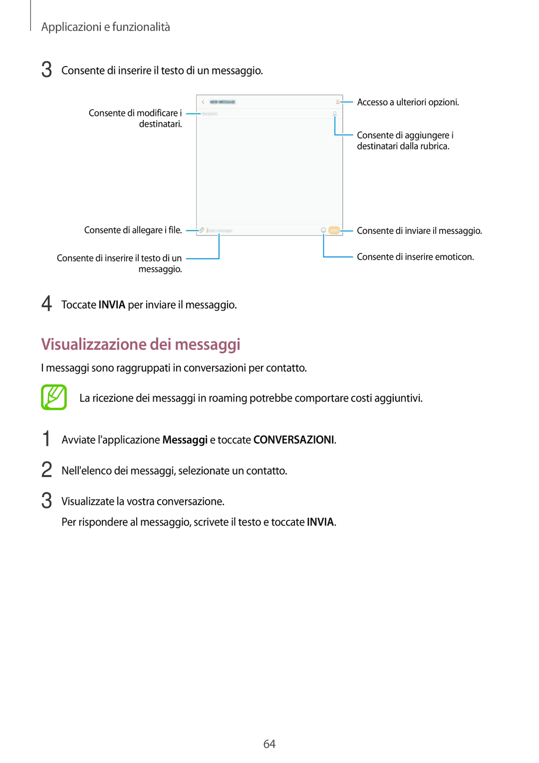 Samsung SM-T395NZKAITV manual Visualizzazione dei messaggi, Consente di inserire il testo di un messaggio 