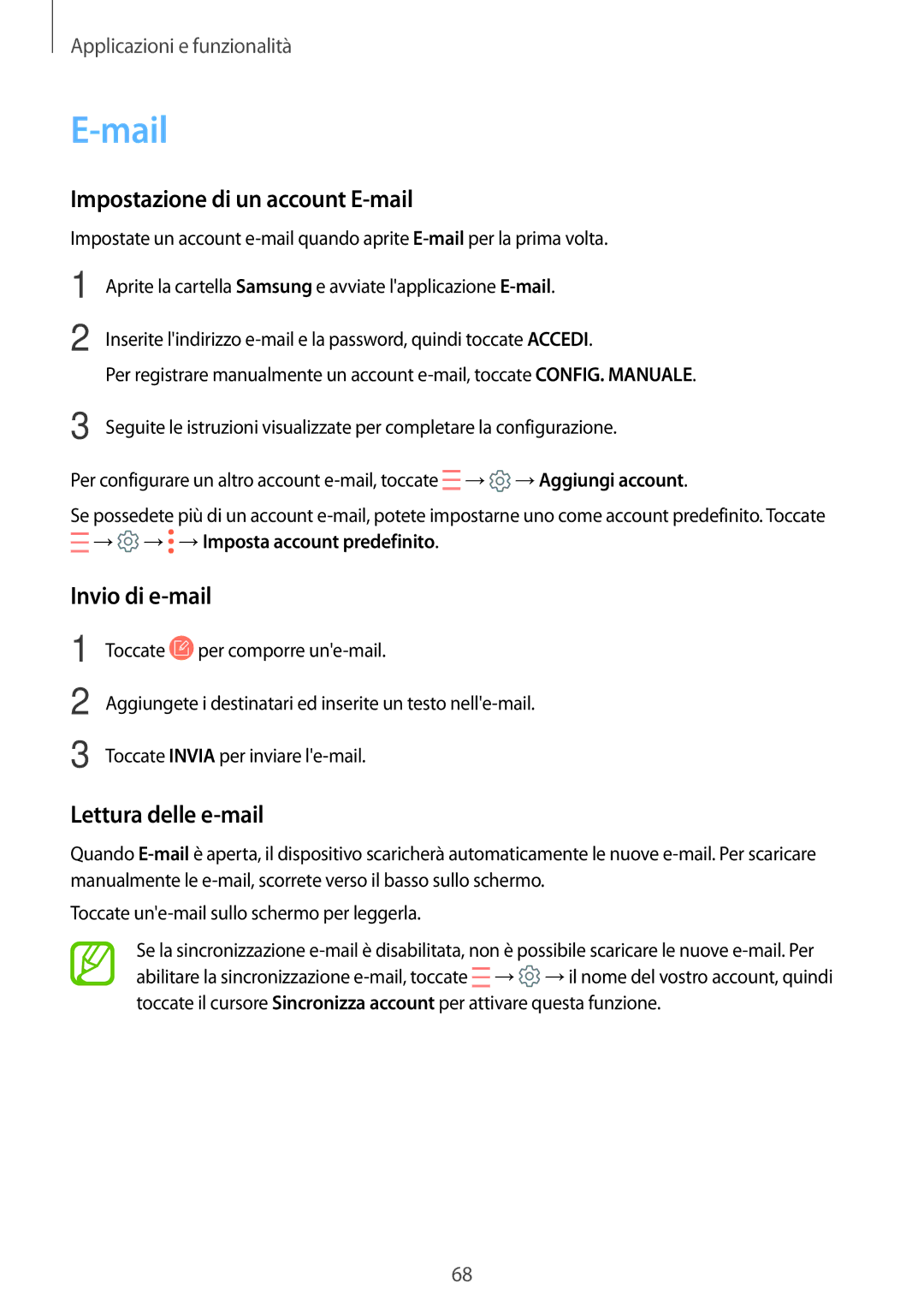 Samsung SM-T395NZKAITV manual Mail, Impostazione di un account E-mail, Invio di e-mail, Lettura delle e-mail 