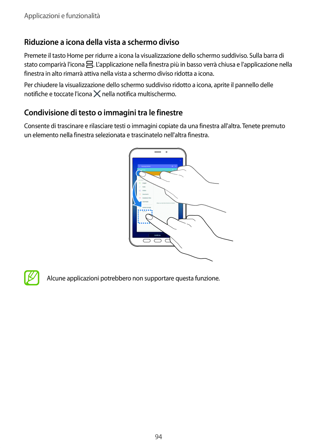 Samsung SM-T395NZKAITV Riduzione a icona della vista a schermo diviso, Condivisione di testo o immagini tra le finestre 