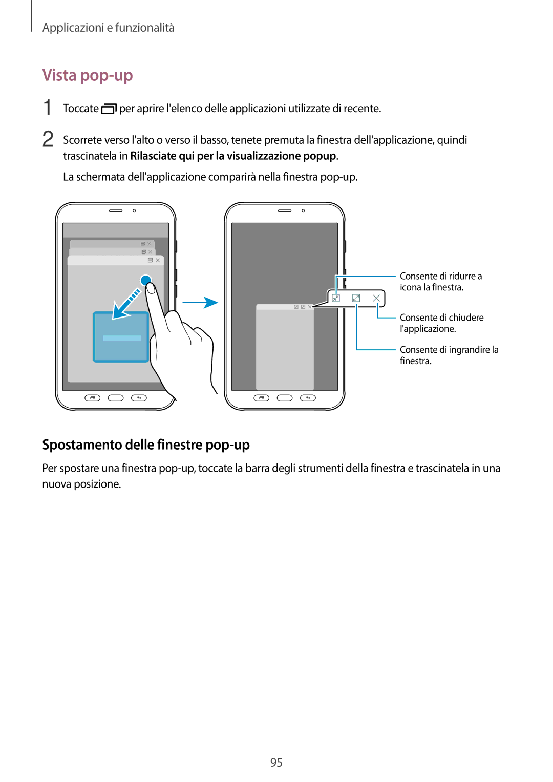 Samsung SM-T395NZKAITV manual Vista pop-up, Spostamento delle finestre pop-up 