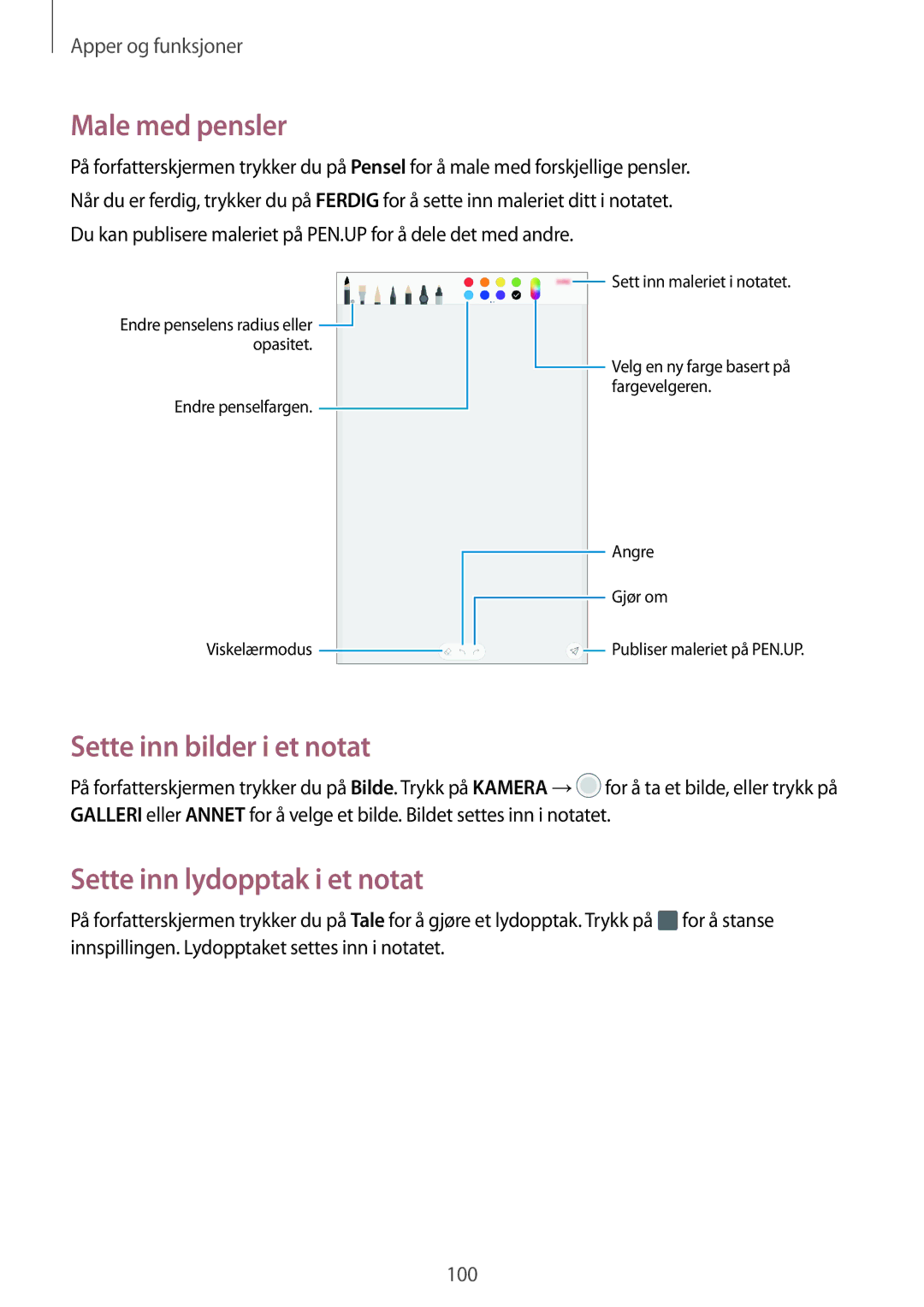 Samsung SM-T395NZKANEE manual Male med pensler, Sette inn bilder i et notat, Sette inn lydopptak i et notat 