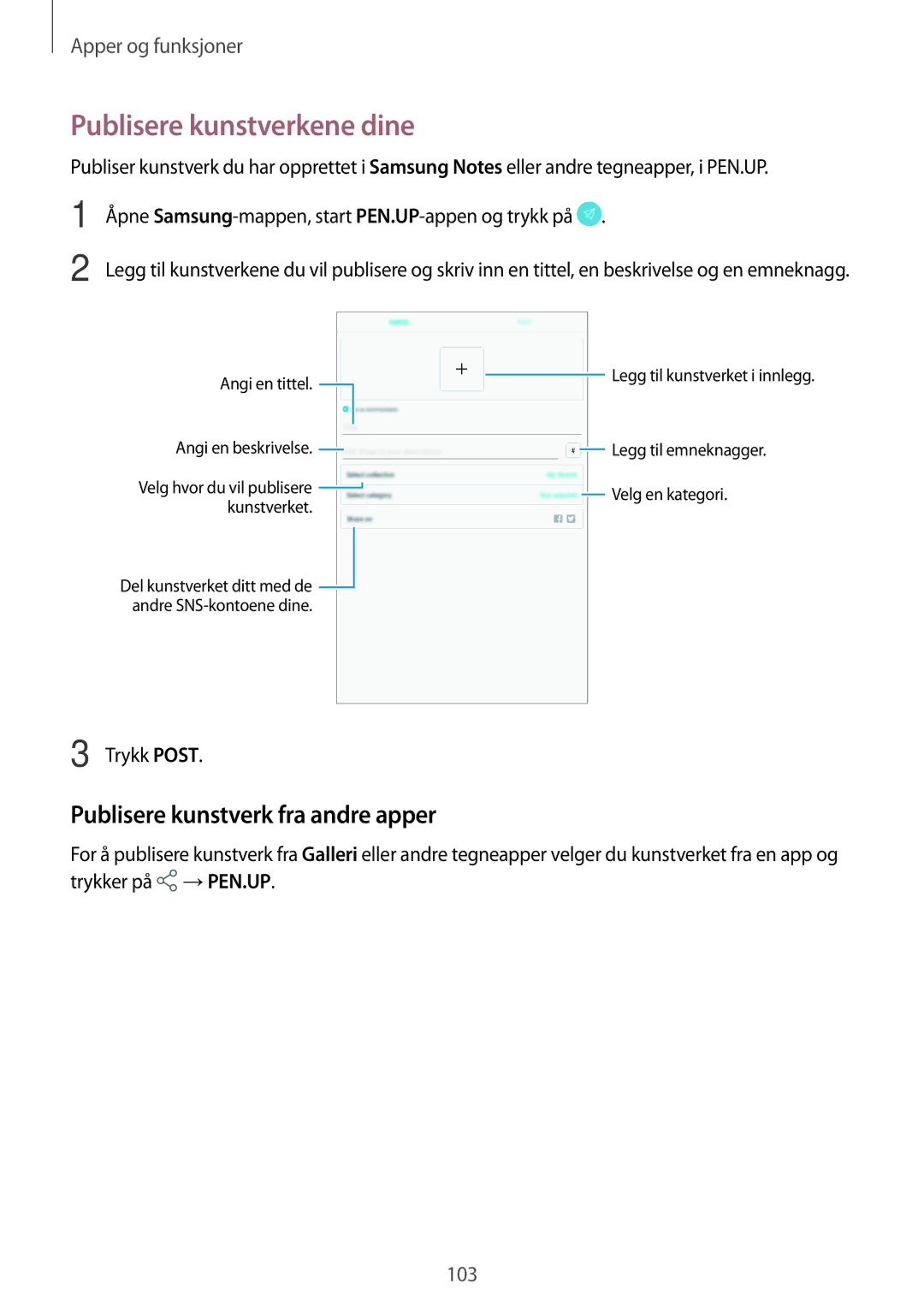 Samsung SM-T395NZKANEE manual Publisere kunstverkene dine, Publisere kunstverk fra andre apper, Trykk Post 