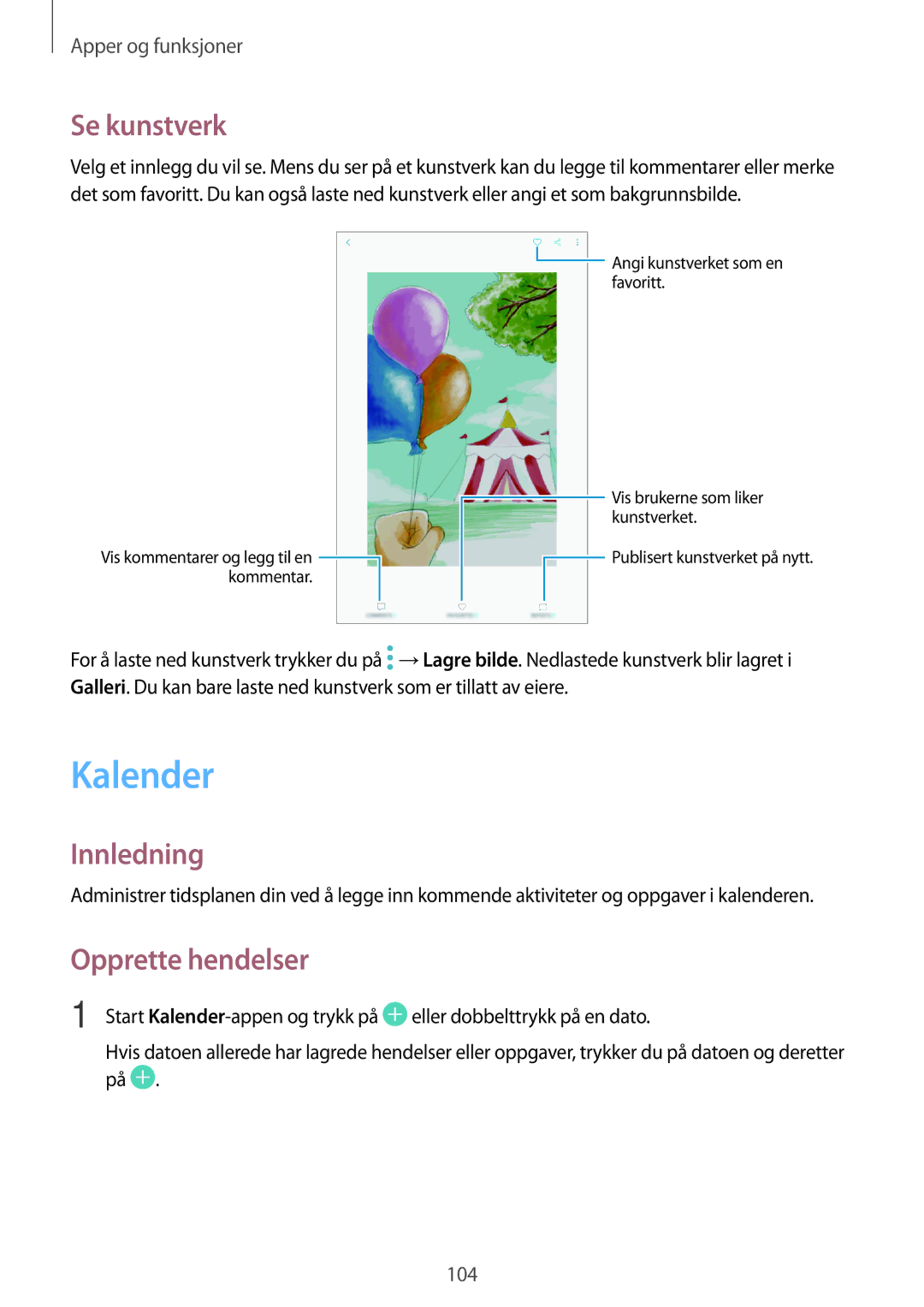 Samsung SM-T395NZKANEE manual Kalender, Se kunstverk, Opprette hendelser 