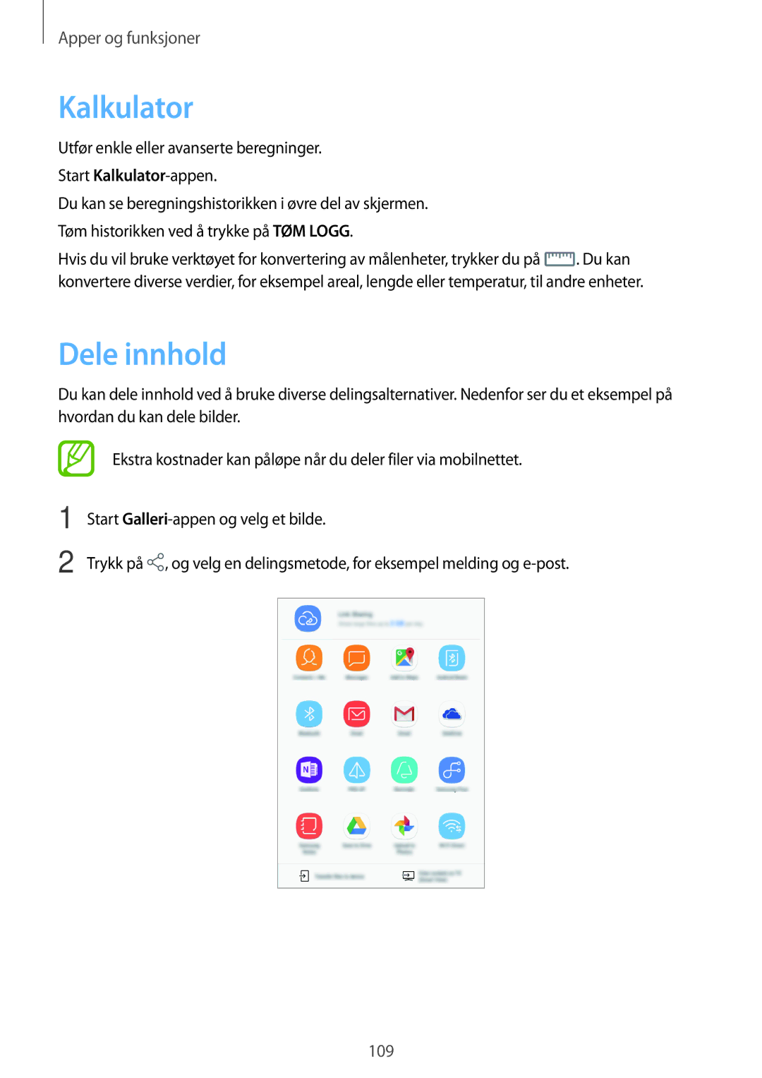 Samsung SM-T395NZKANEE manual Kalkulator, Dele innhold 