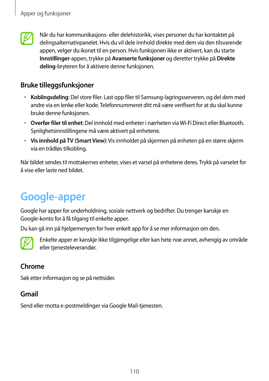 Samsung SM-T395NZKANEE manual Google-apper, Bruke tilleggsfunksjoner, Chrome, Gmail 