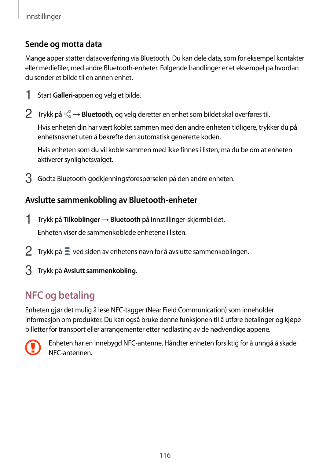 Samsung SM-T395NZKANEE manual NFC og betaling, Sende og motta data, Avslutte sammenkobling av Bluetooth-enheter 