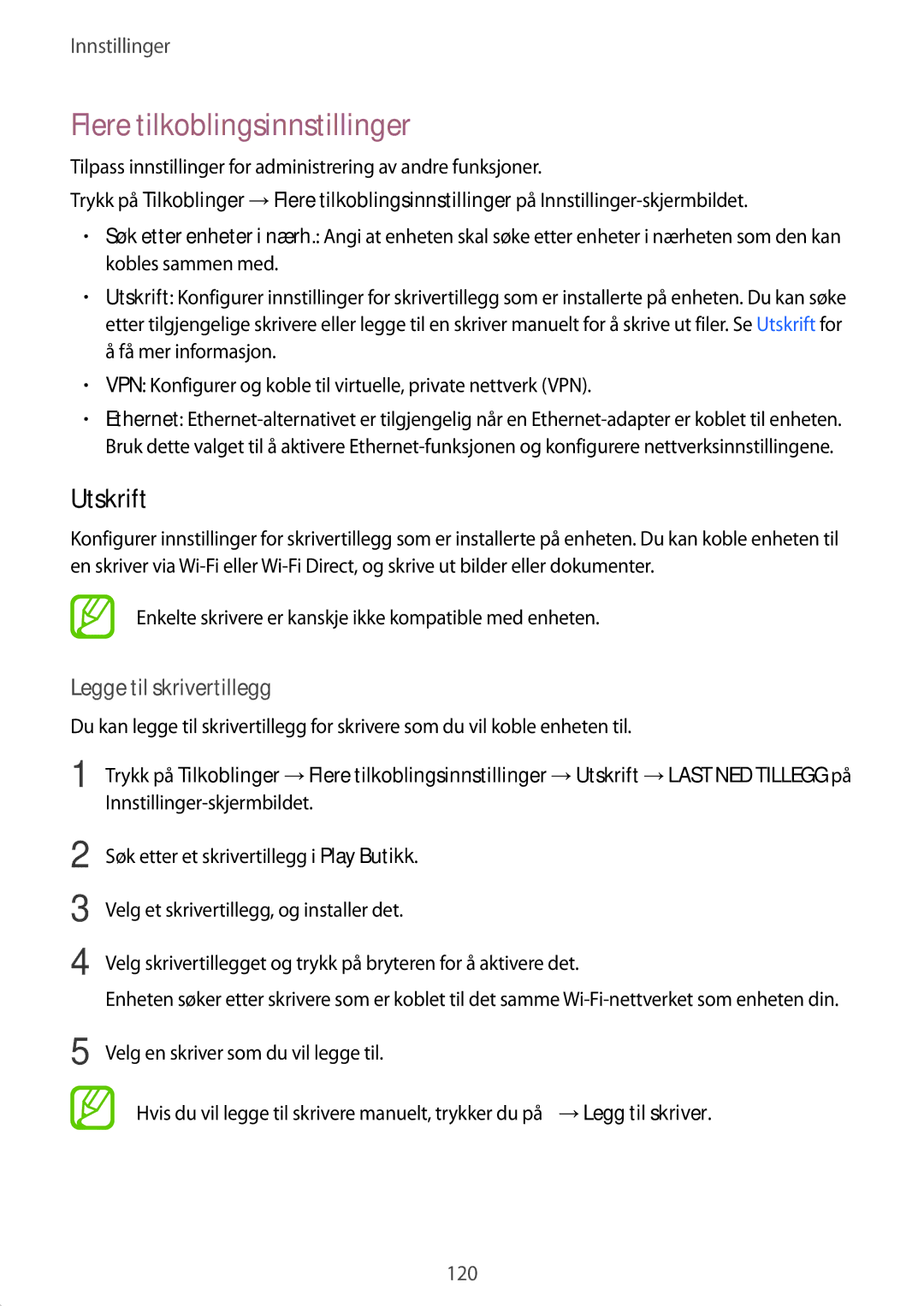 Samsung SM-T395NZKANEE manual Flere tilkoblingsinnstillinger, Utskrift, Legge til skrivertillegg 