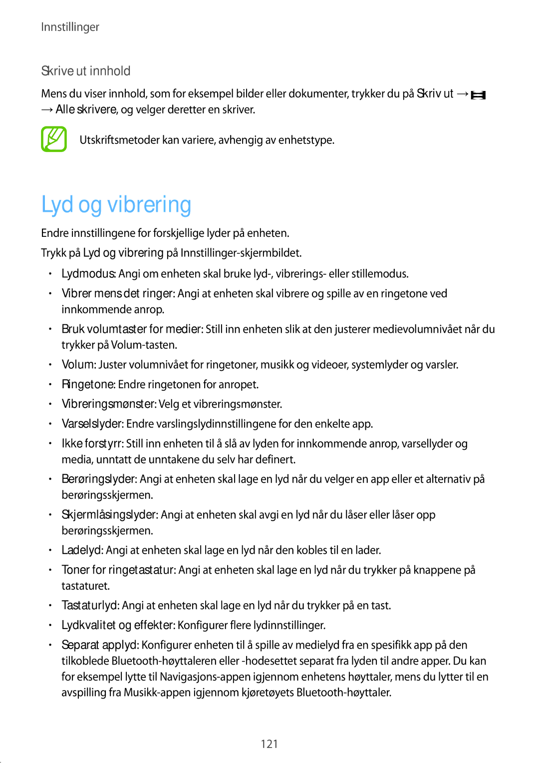 Samsung SM-T395NZKANEE manual Lyd og vibrering, Skrive ut innhold 