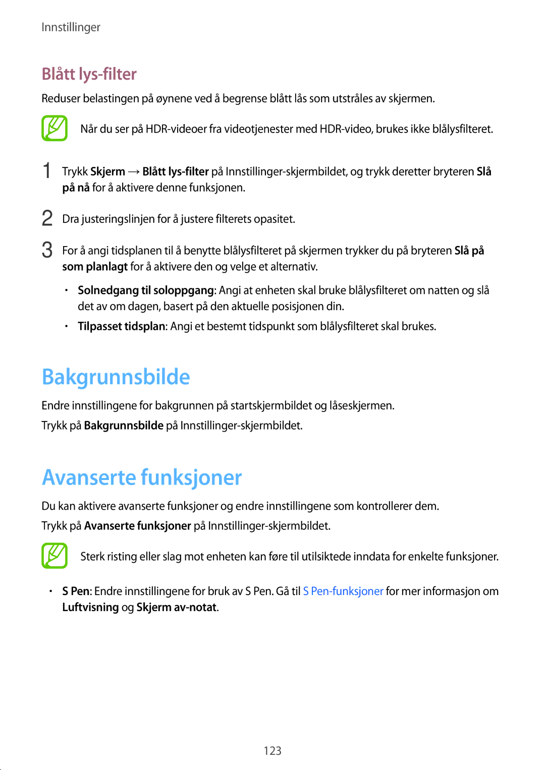 Samsung SM-T395NZKANEE manual Bakgrunnsbilde, Avanserte funksjoner, Blått lys-filter 