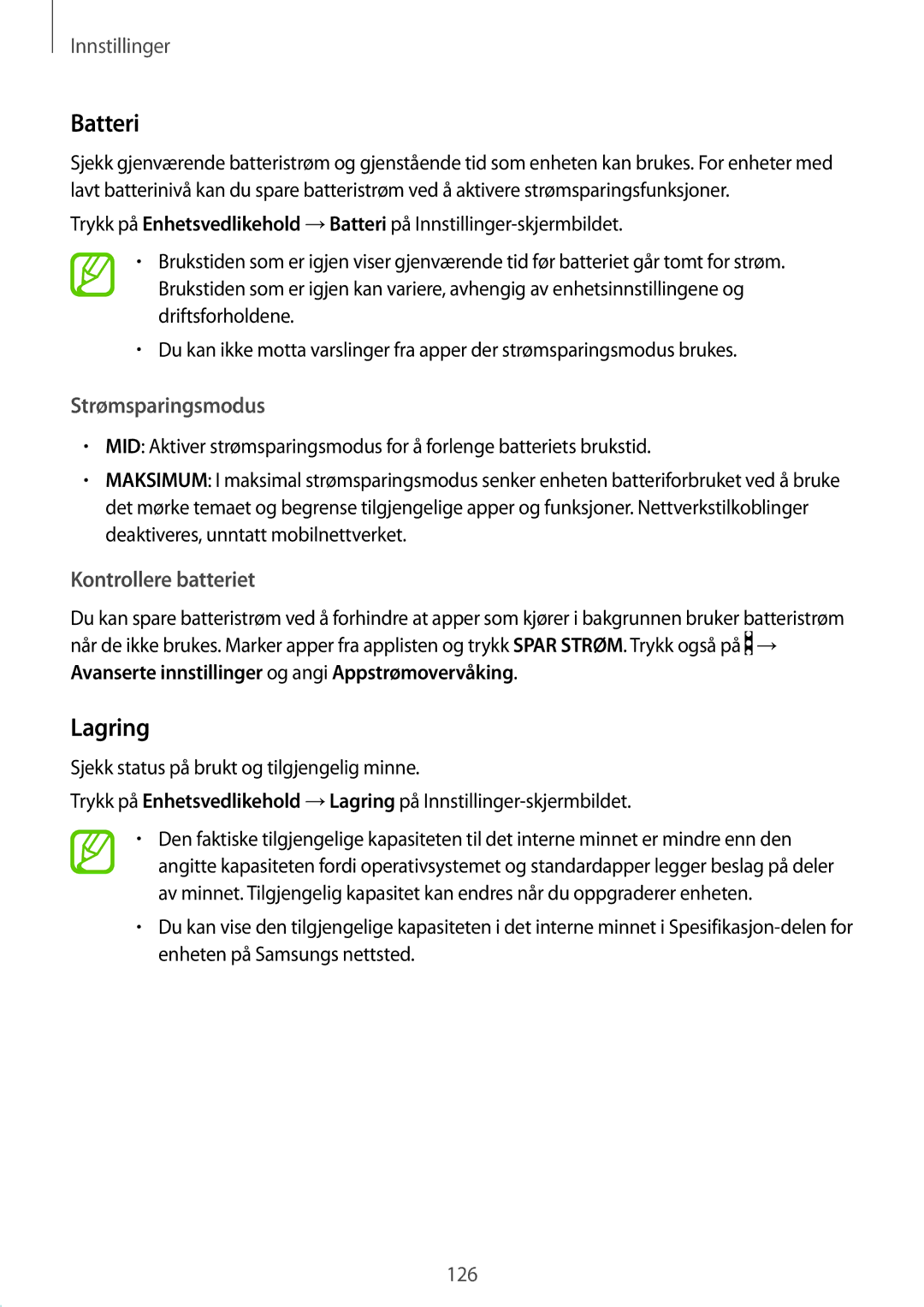 Samsung SM-T395NZKANEE manual Batteri, Lagring, Strømsparingsmodus, Kontrollere batteriet 