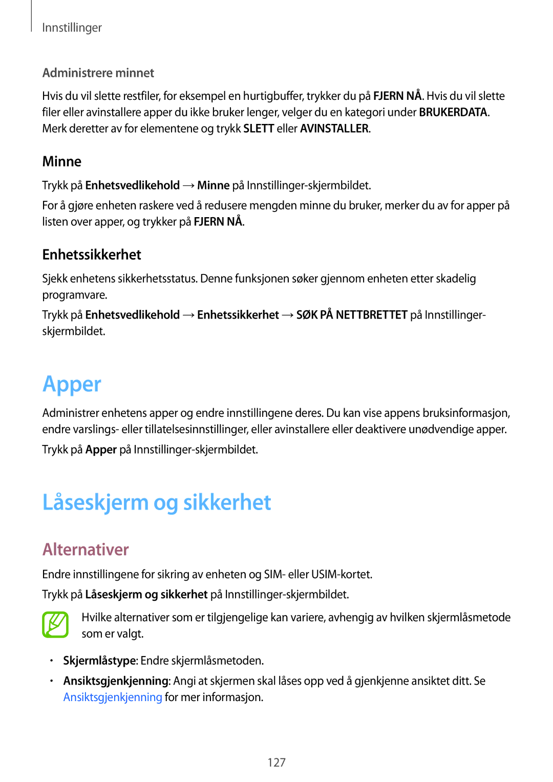 Samsung SM-T395NZKANEE manual Apper, Låseskjerm og sikkerhet, Minne, Enhetssikkerhet, Administrere minnet 