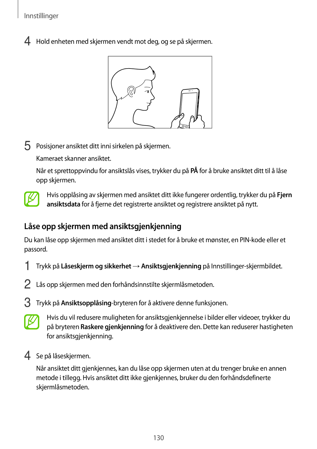 Samsung SM-T395NZKANEE manual Låse opp skjermen med ansiktsgjenkjenning 