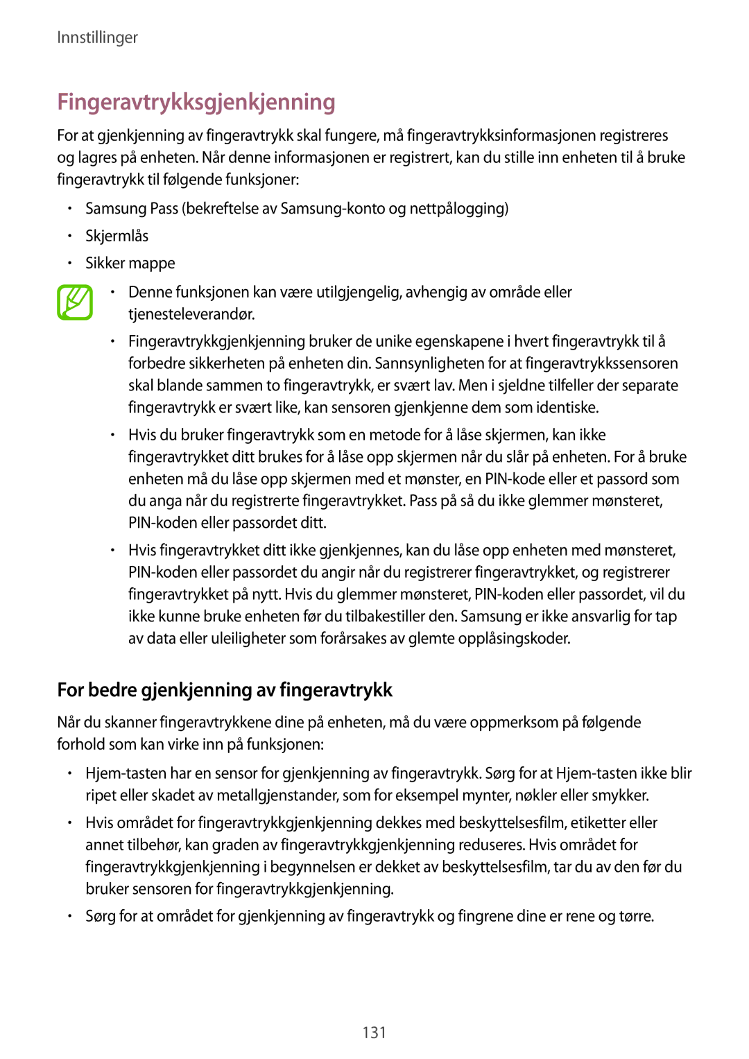 Samsung SM-T395NZKANEE manual Fingeravtrykksgjenkjenning, For bedre gjenkjenning av fingeravtrykk 