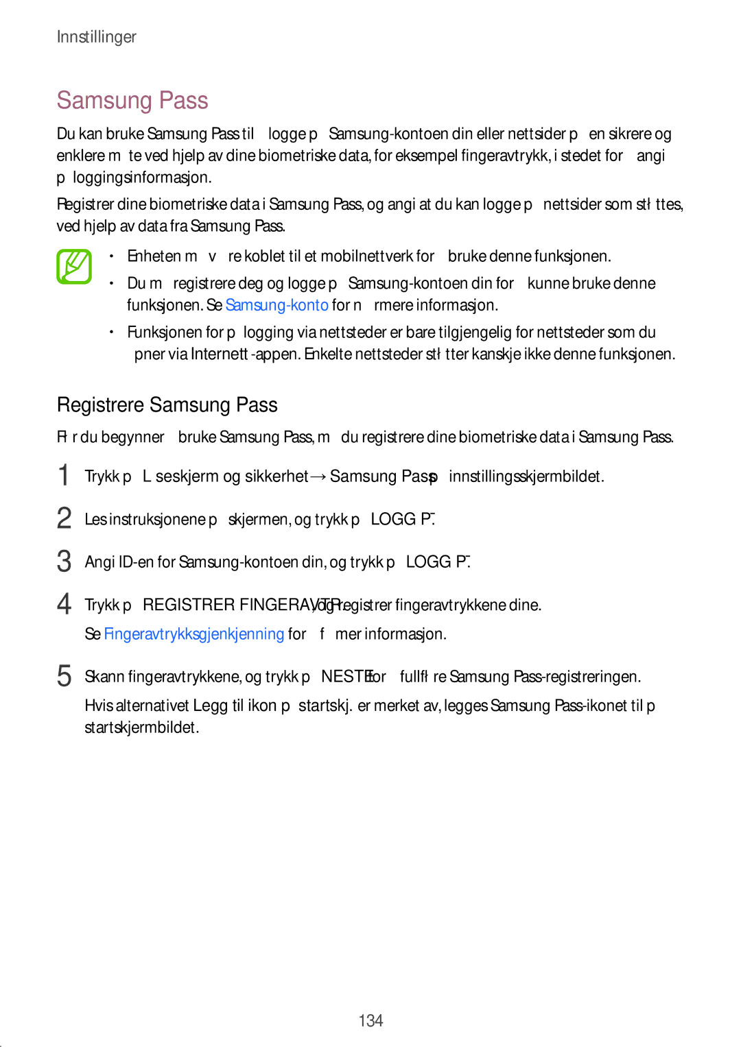 Samsung SM-T395NZKANEE manual Registrere Samsung Pass 