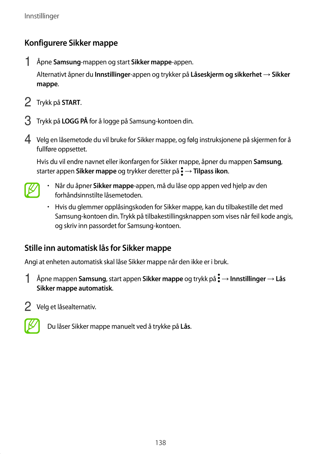 Samsung SM-T395NZKANEE manual Konfigurere Sikker mappe, Stille inn automatisk lås for Sikker mappe, Sikker mappe automatisk 