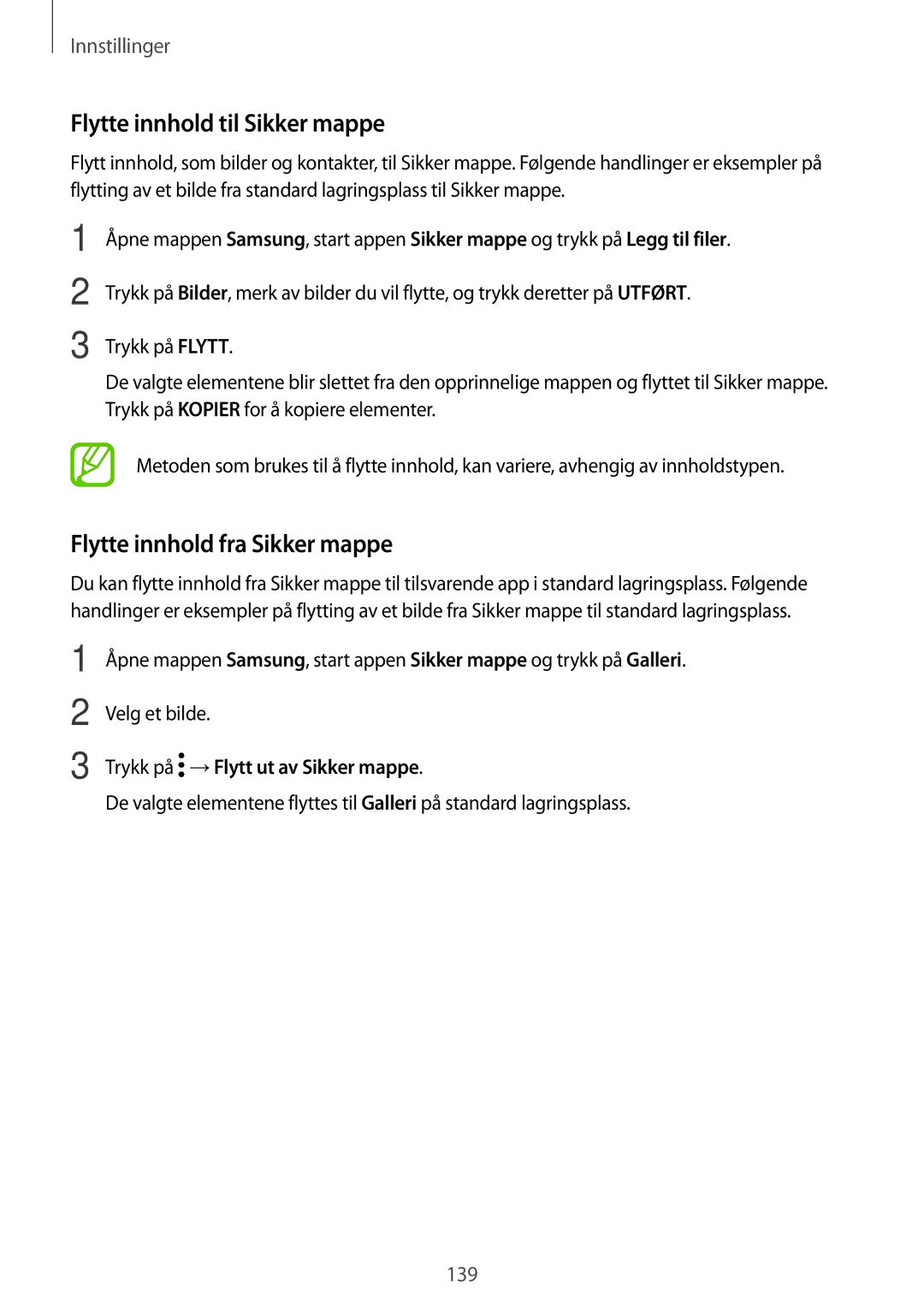 Samsung SM-T395NZKANEE manual Flytte innhold til Sikker mappe, Flytte innhold fra Sikker mappe 