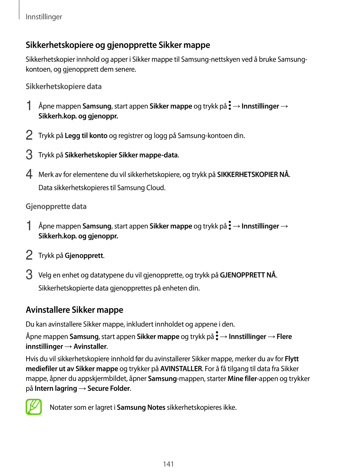 Samsung SM-T395NZKANEE Sikkerhetskopiere og gjenopprette Sikker mappe, Avinstallere Sikker mappe, Sikkerhetskopiere data 