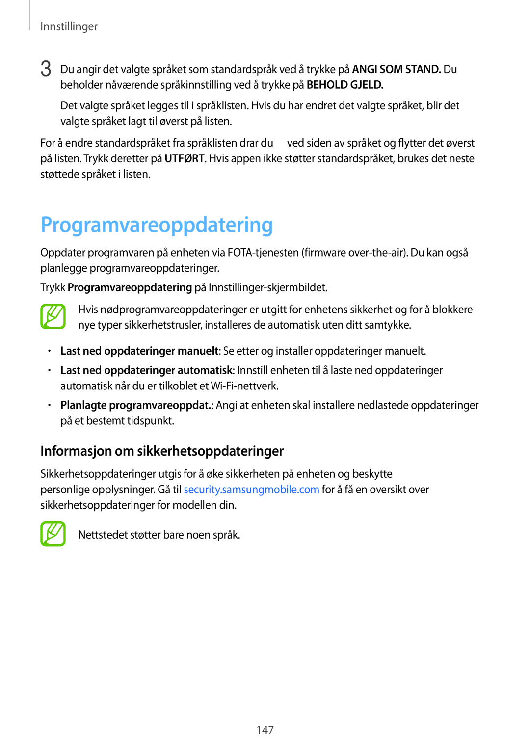 Samsung SM-T395NZKANEE Programvareoppdatering, Informasjon om sikkerhetsoppdateringer, Nettstedet støtter bare noen språk 