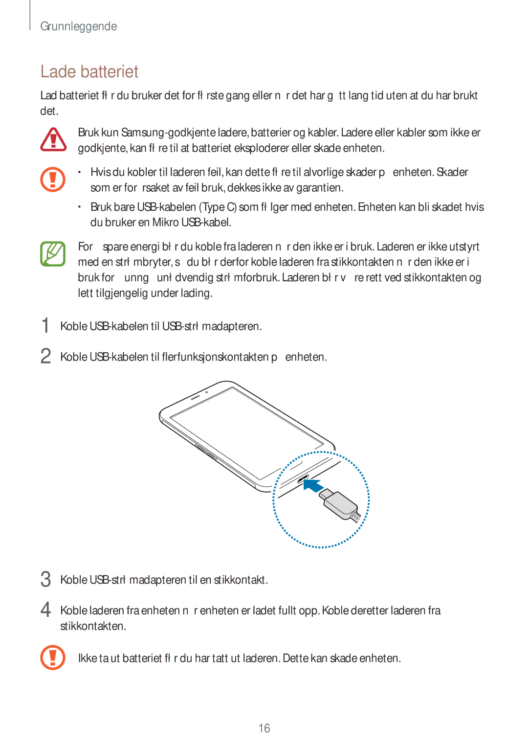 Samsung SM-T395NZKANEE manual Lade batteriet 