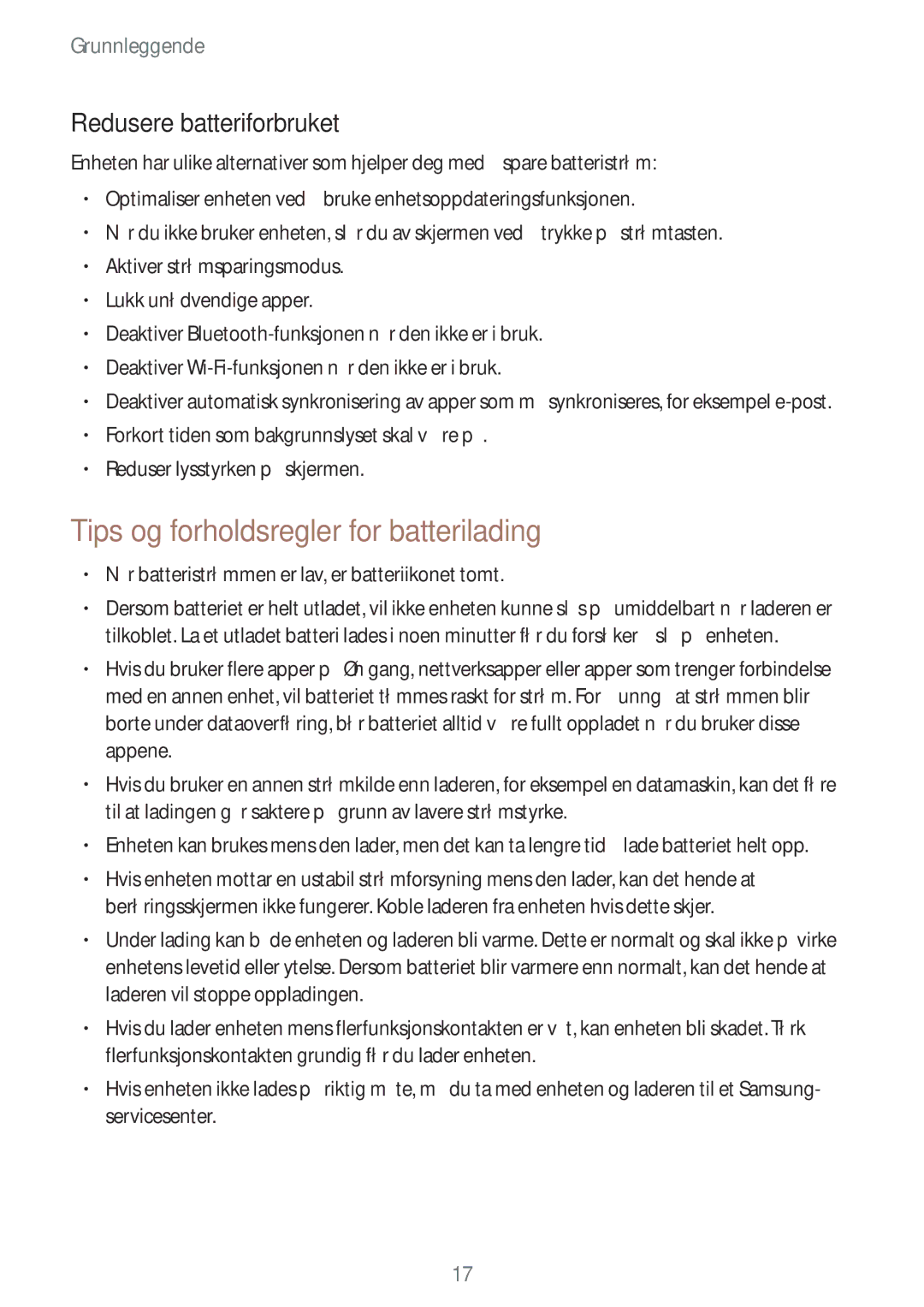 Samsung SM-T395NZKANEE manual Tips og forholdsregler for batterilading, Redusere batteriforbruket 